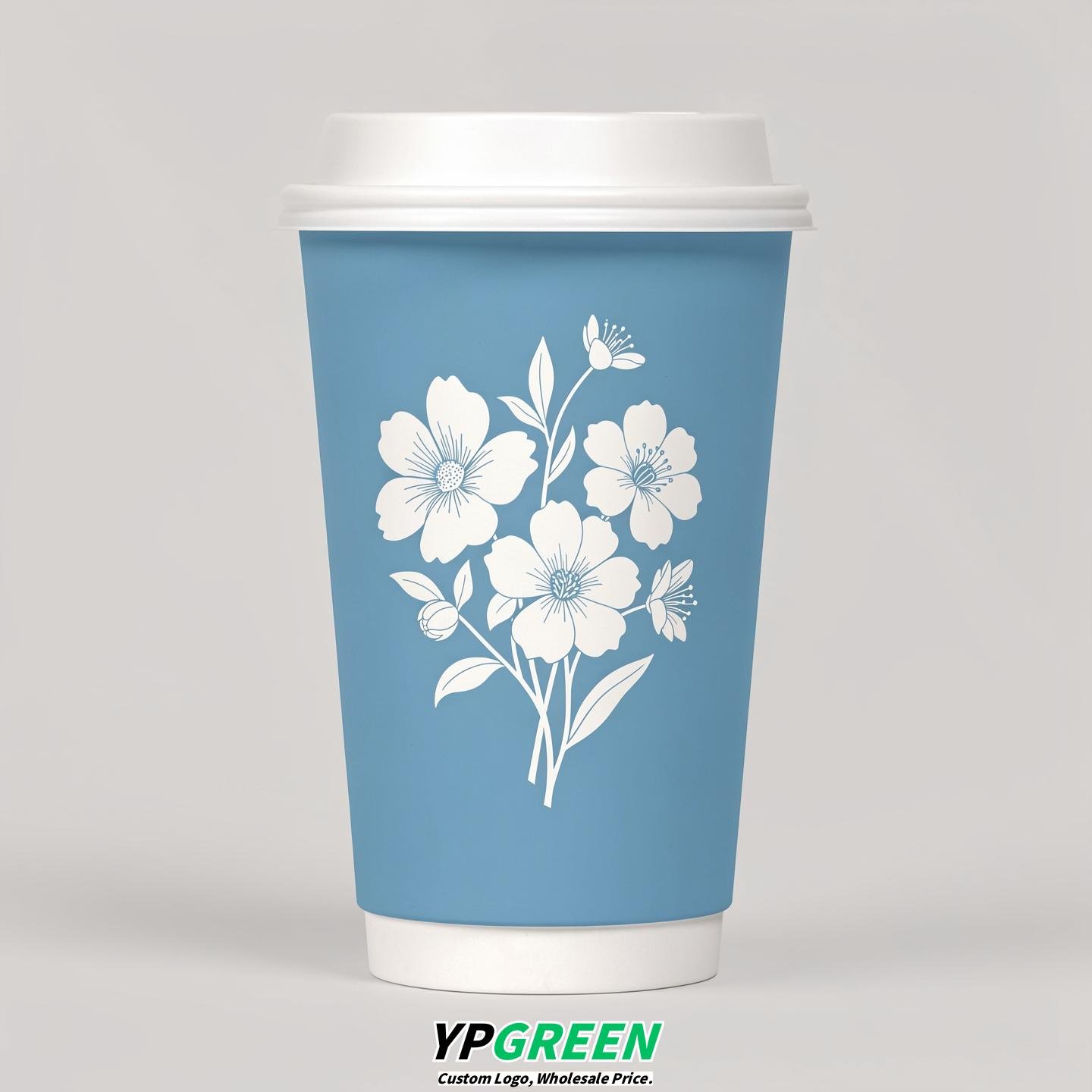 Robin Egg Blue Floral Paper Cups with Lids 8-24oz