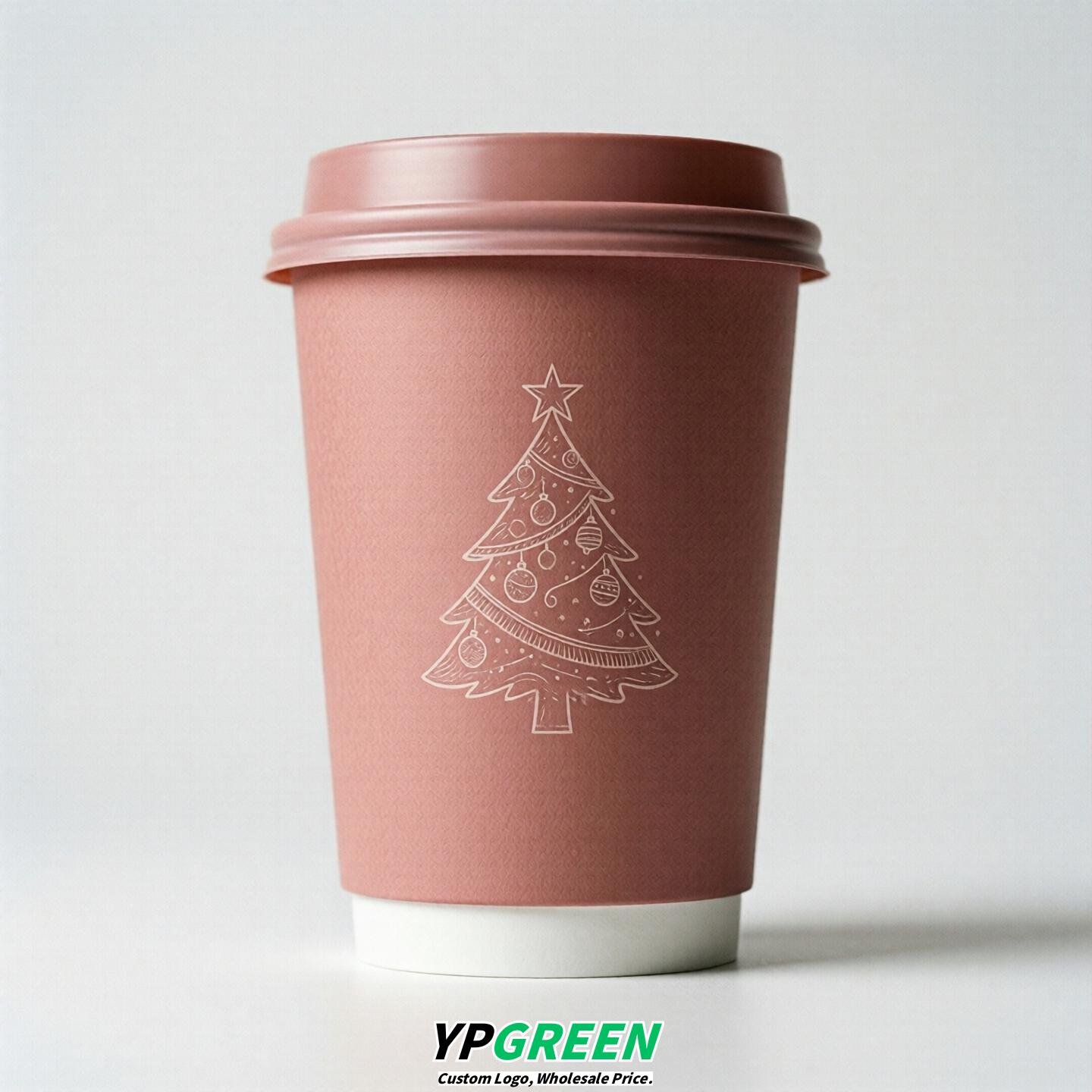 Rose Pink Paper Cups with Christmas Design 8-24oz