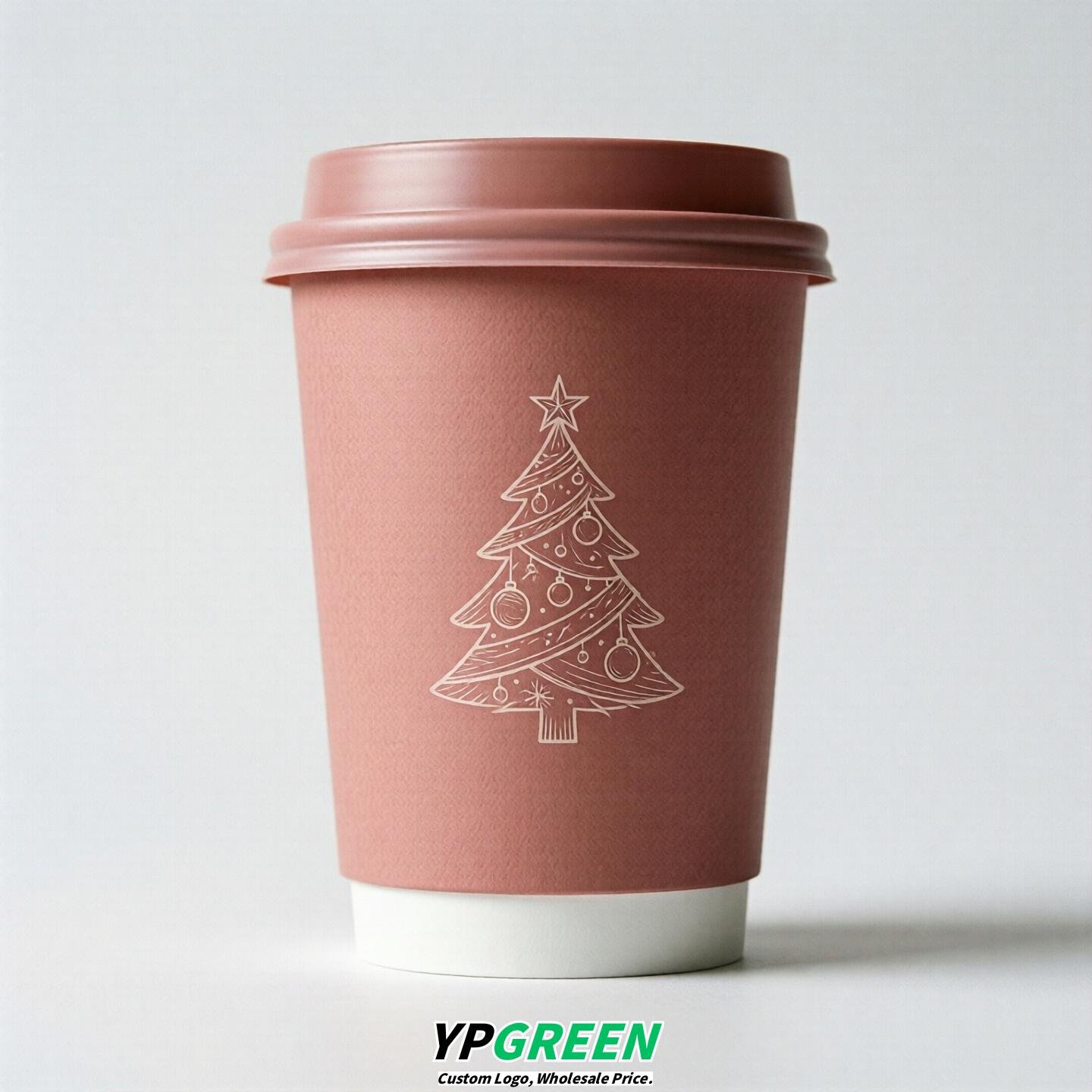 Rose Pink Paper Cups with Christmas Design 8-24oz