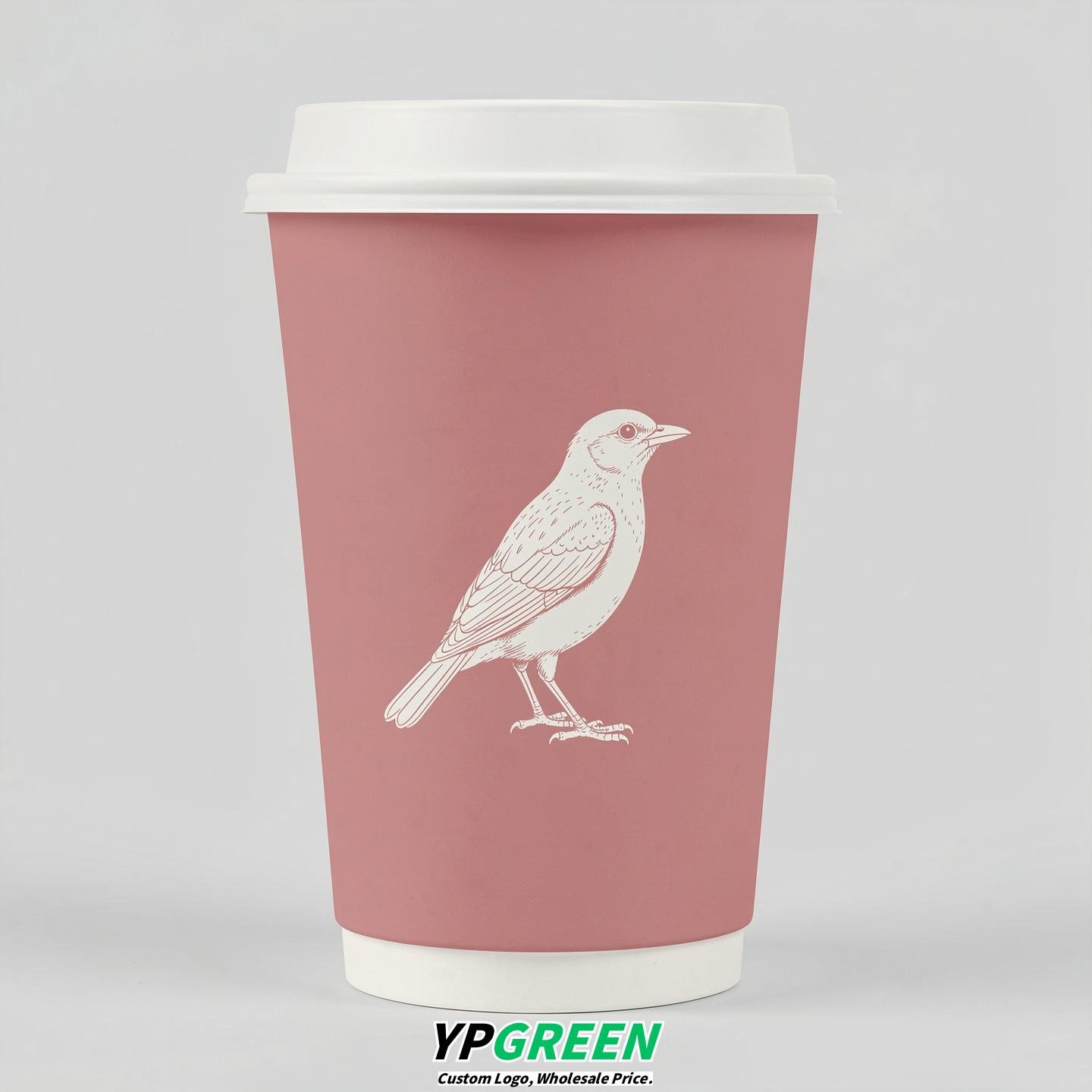 Rose Pink Paper Cups with Bird Logo & Lids 8-24oz