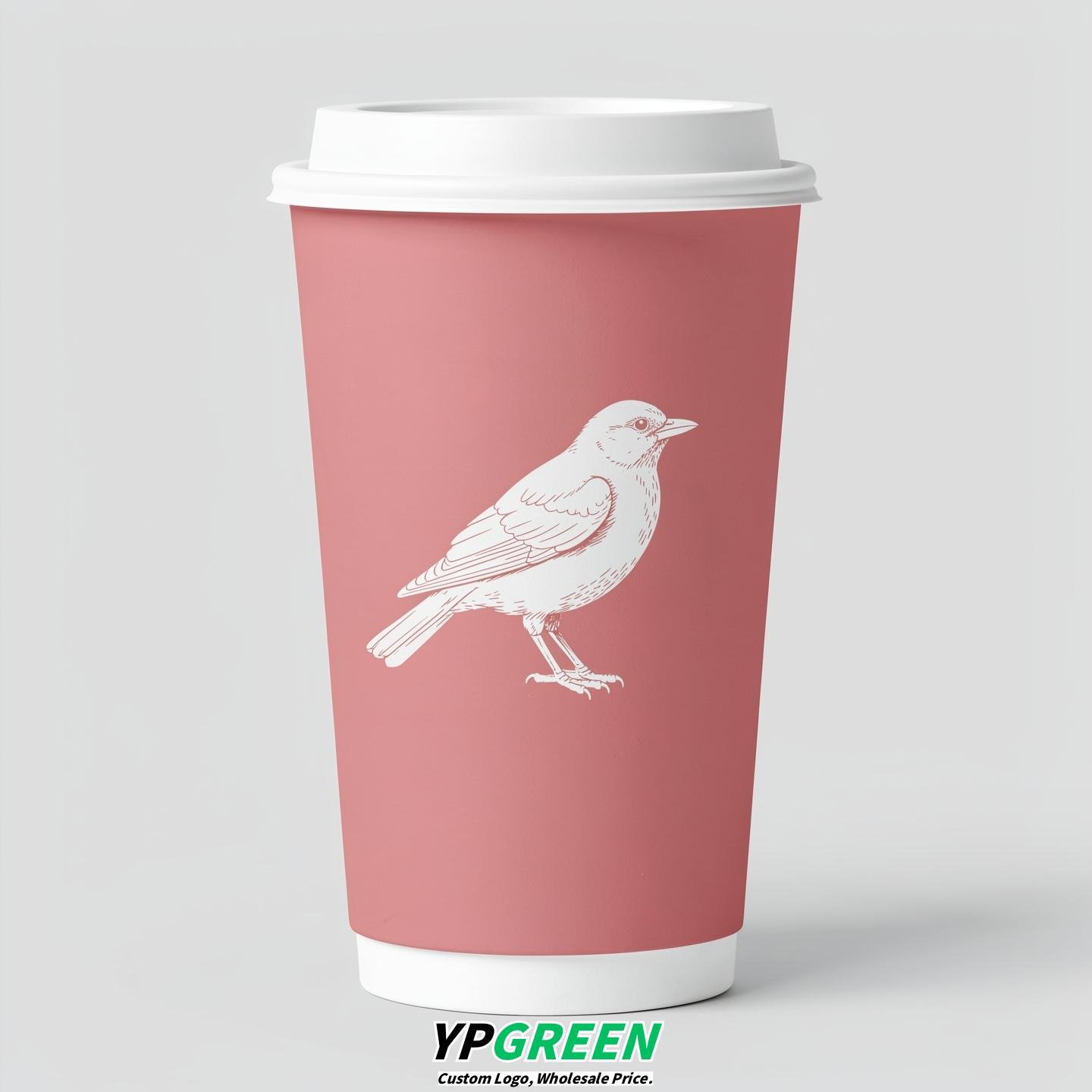 Rose Pink Paper Cups with Bird Logo & Lids 8-24oz