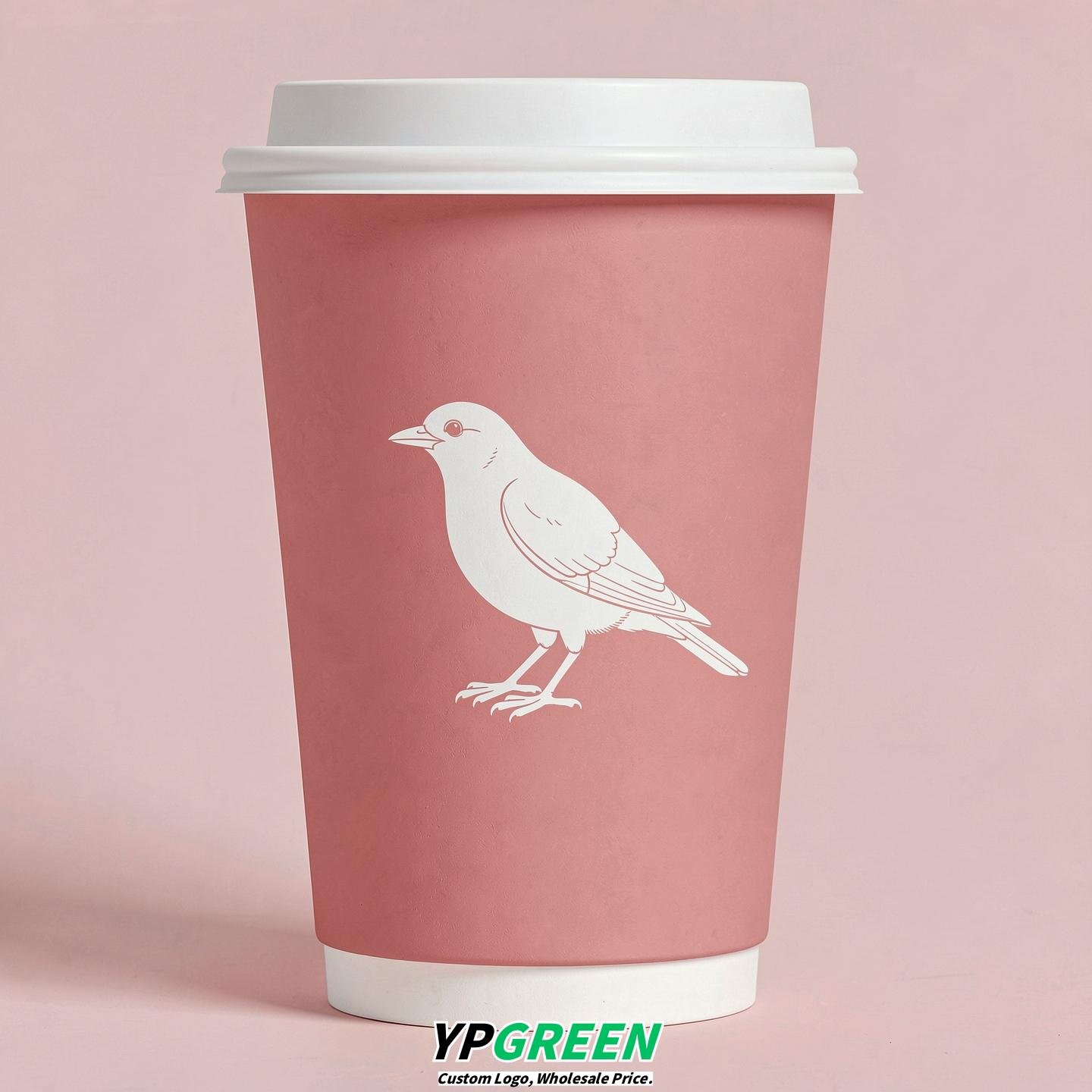 Rose Pink Paper Cups with Bird Logo & Lids 8-24oz