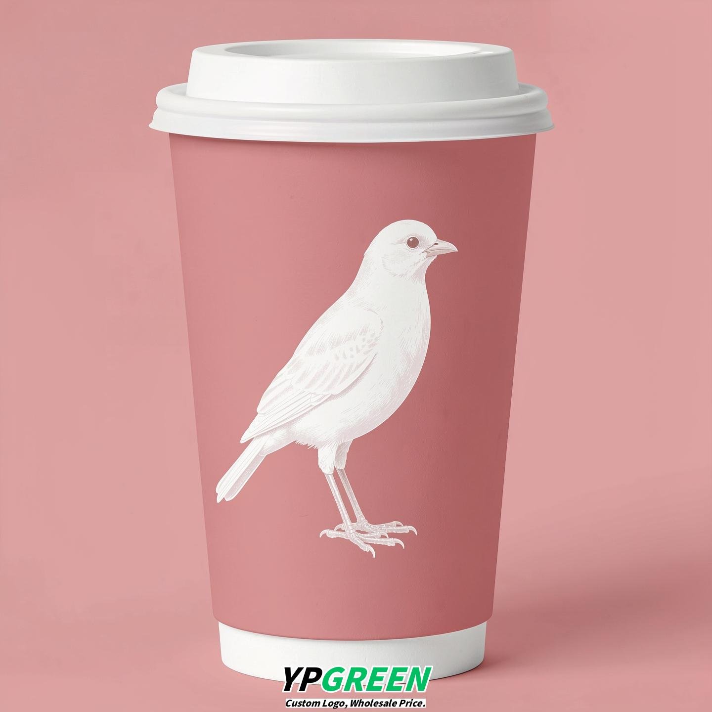 Rose Pink Paper Cups with Bird Logo & Lids 8-24oz