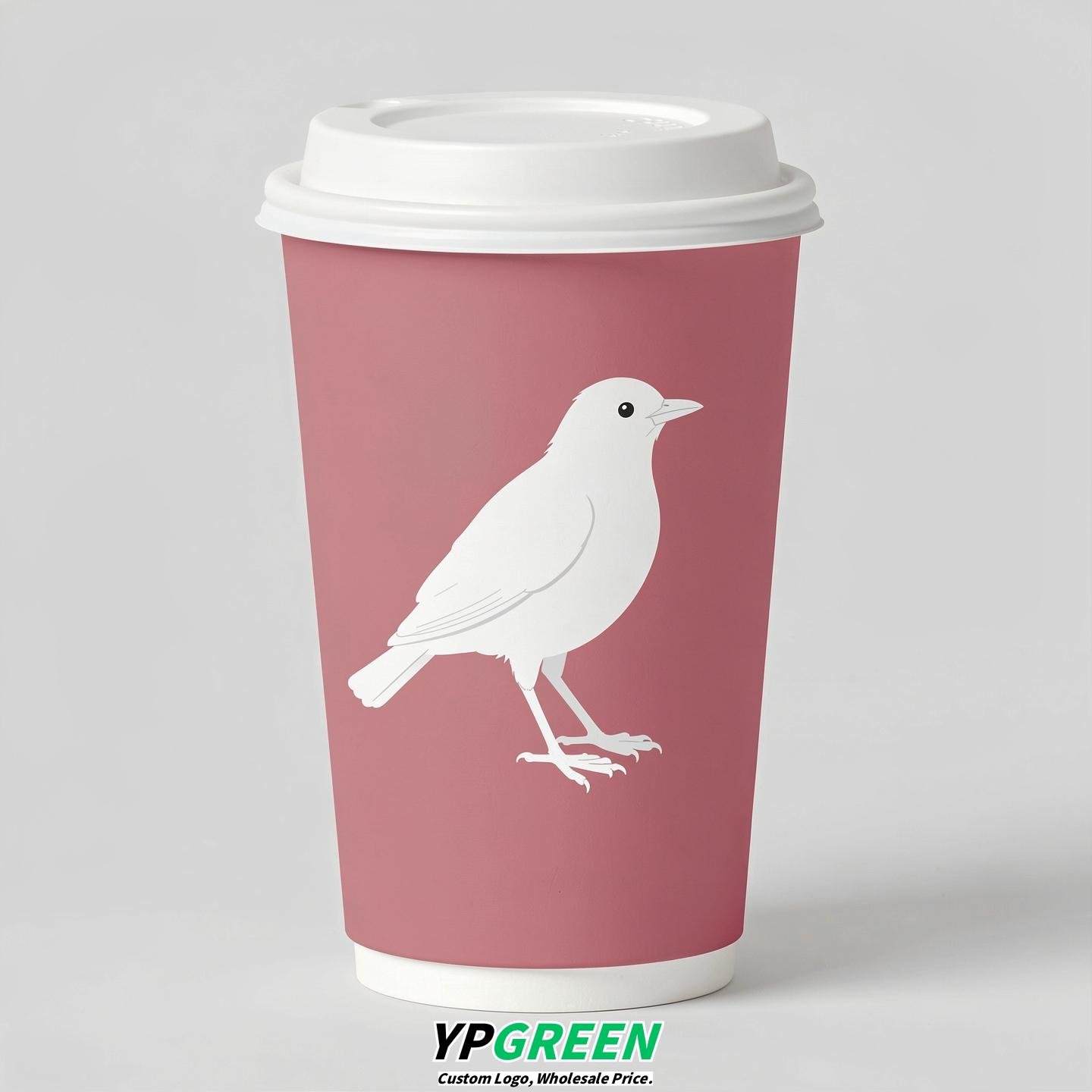 Rose Pink Paper Cups with Bird Logo & Lids 8-24oz
