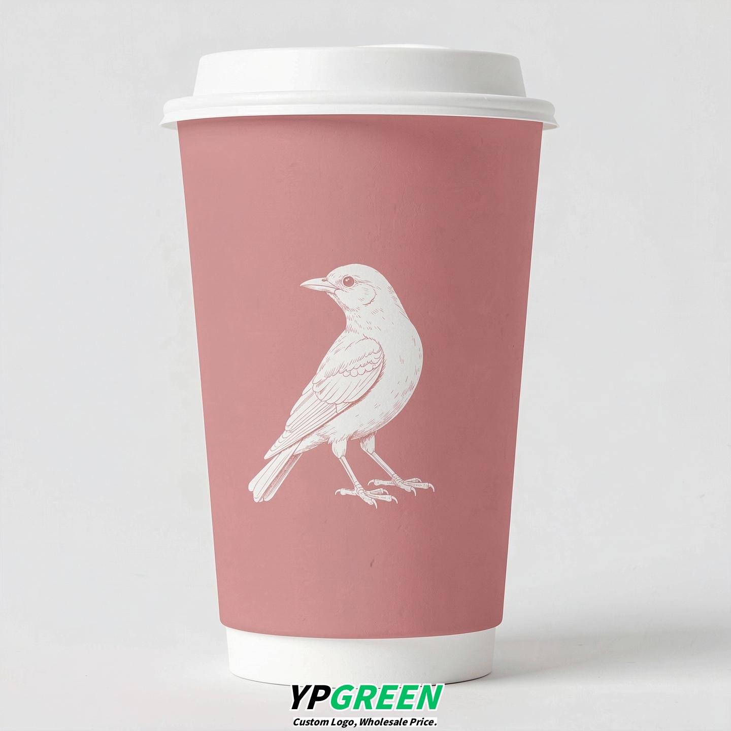 Rose Pink Paper Cups with Bird Logo & Lids 8-24oz