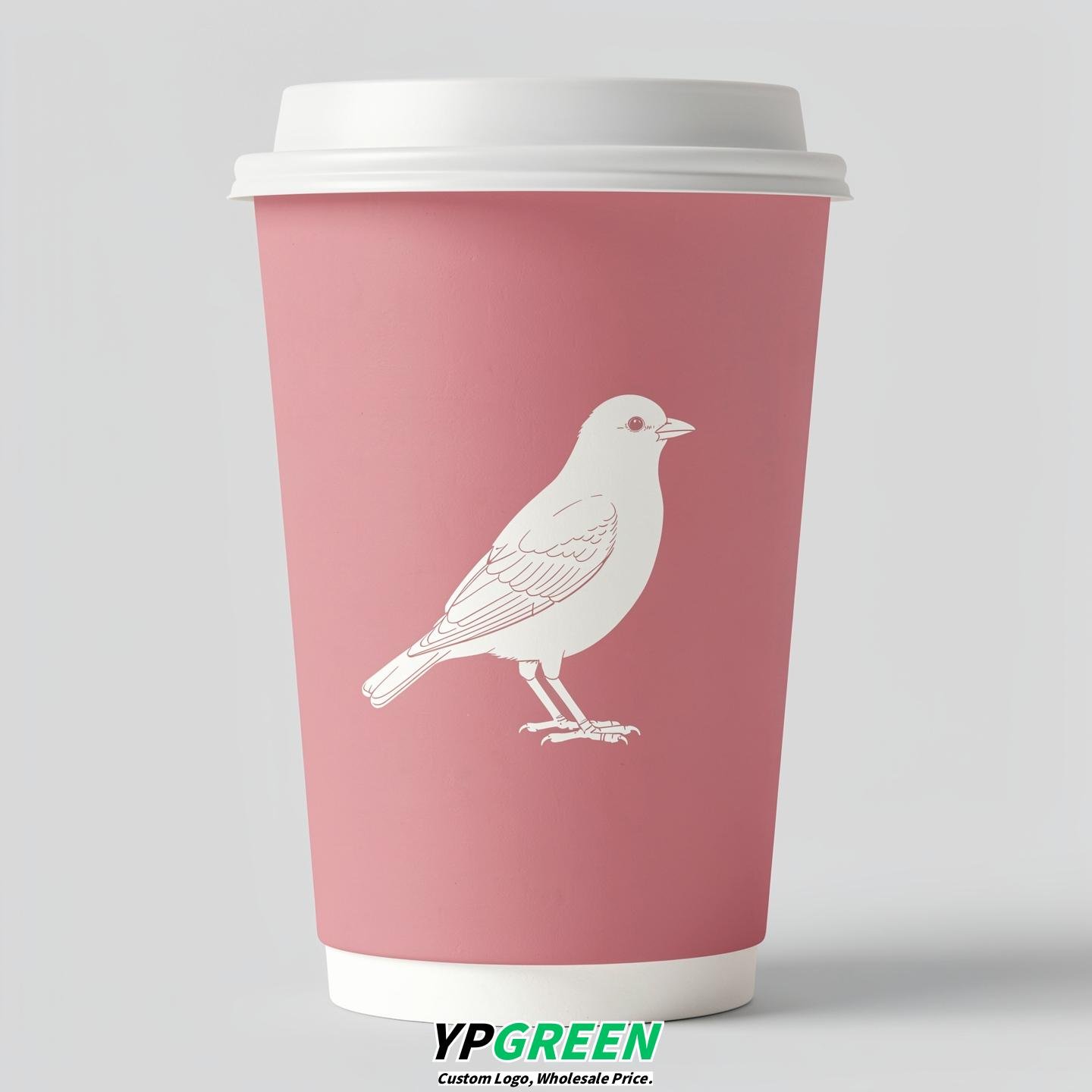 Rose Pink Paper Cups with Bird Logo & Lids 8-24oz