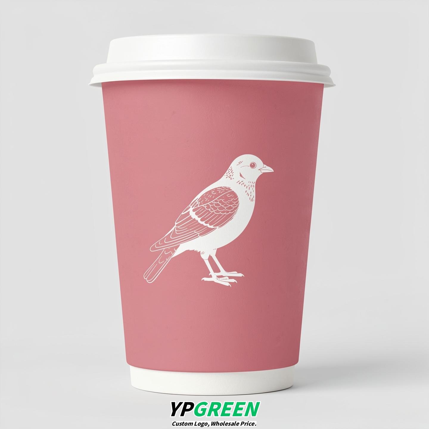 Rose Pink Paper Cups with Bird Logo & Lids 8-24oz