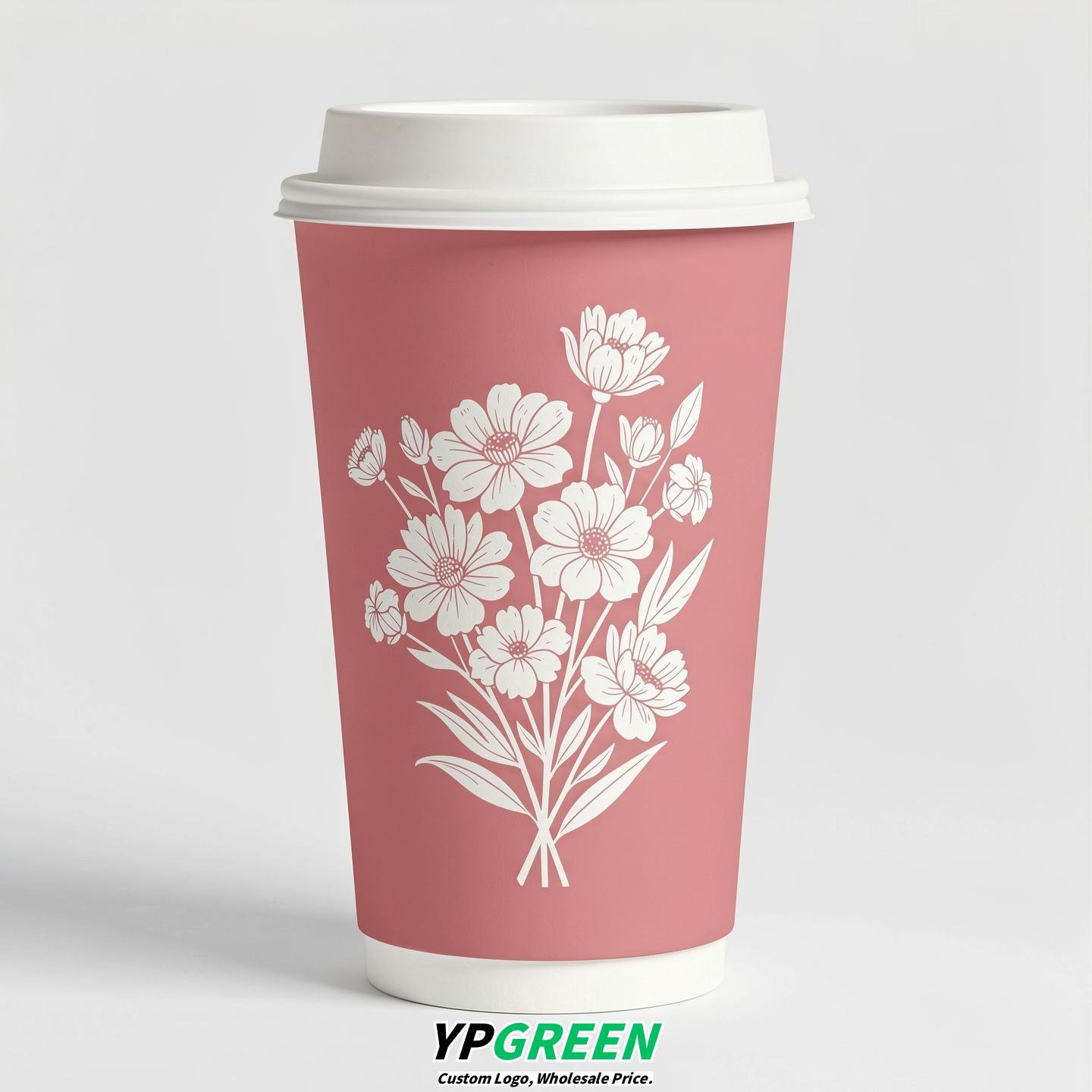 Rose Pink Floral Paper Cups with Lids 8-24oz