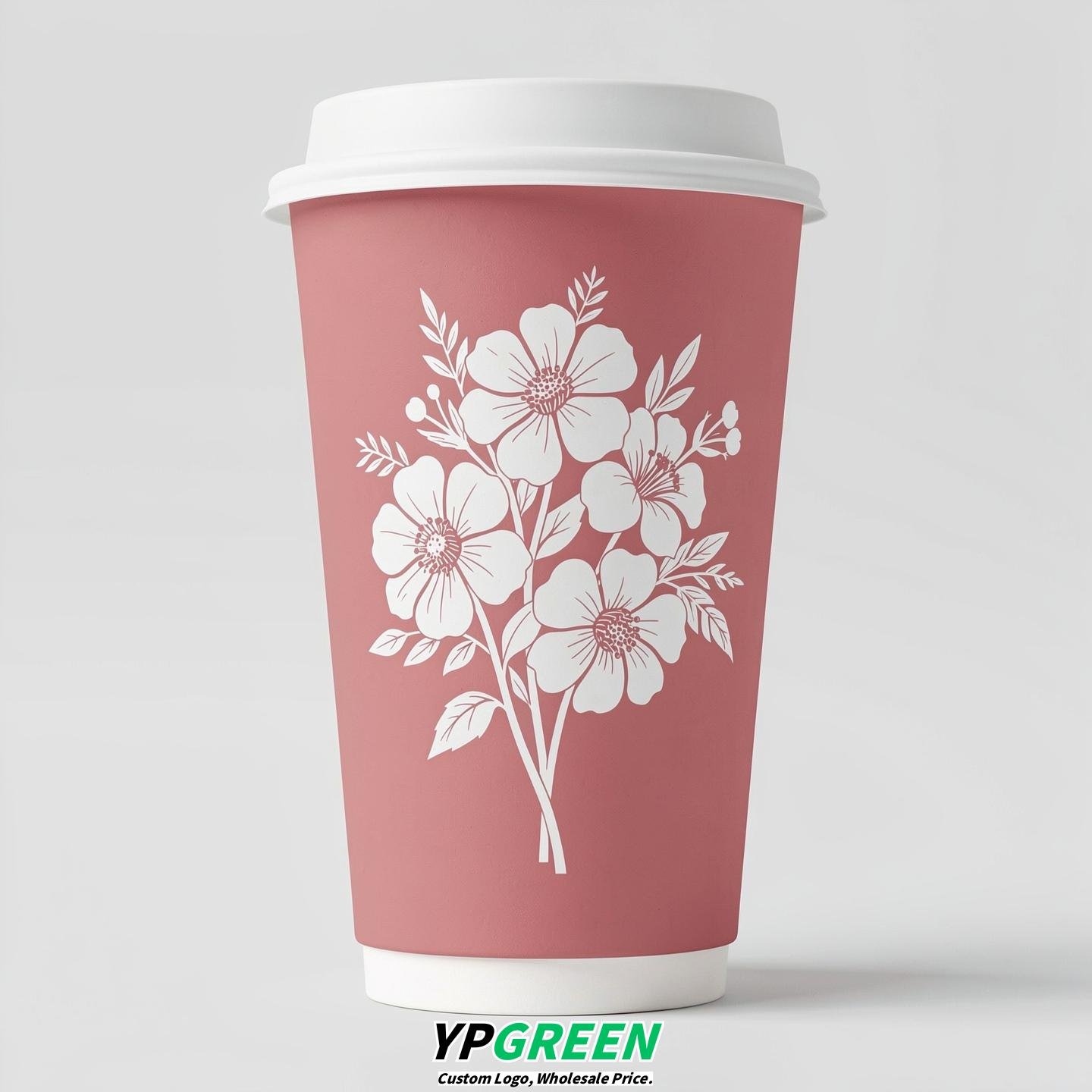 Rose Pink Floral Paper Cups with Lids 8-24oz