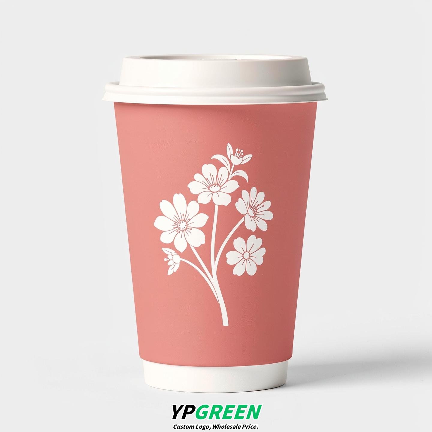 Rose Pink Floral Paper Cups with Lids 8-24oz