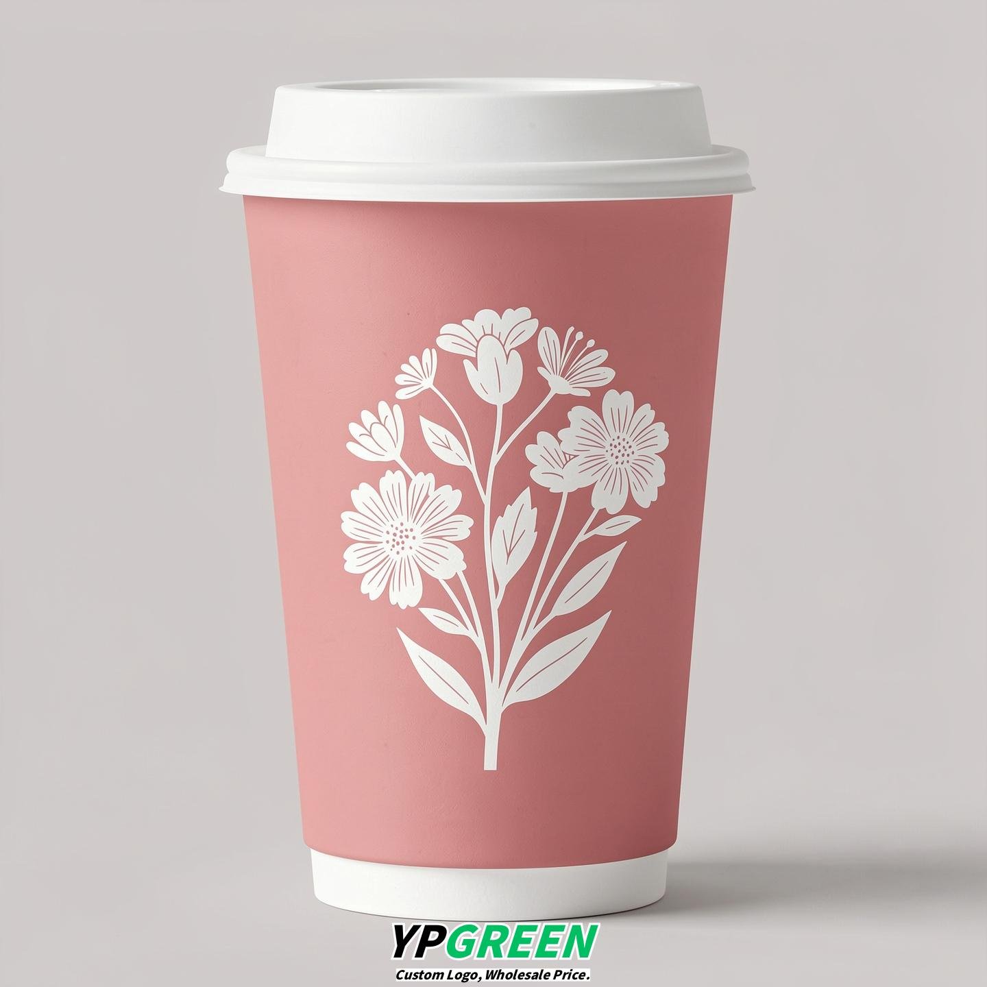 Rose Pink Floral Paper Cups with Lids 8-24oz