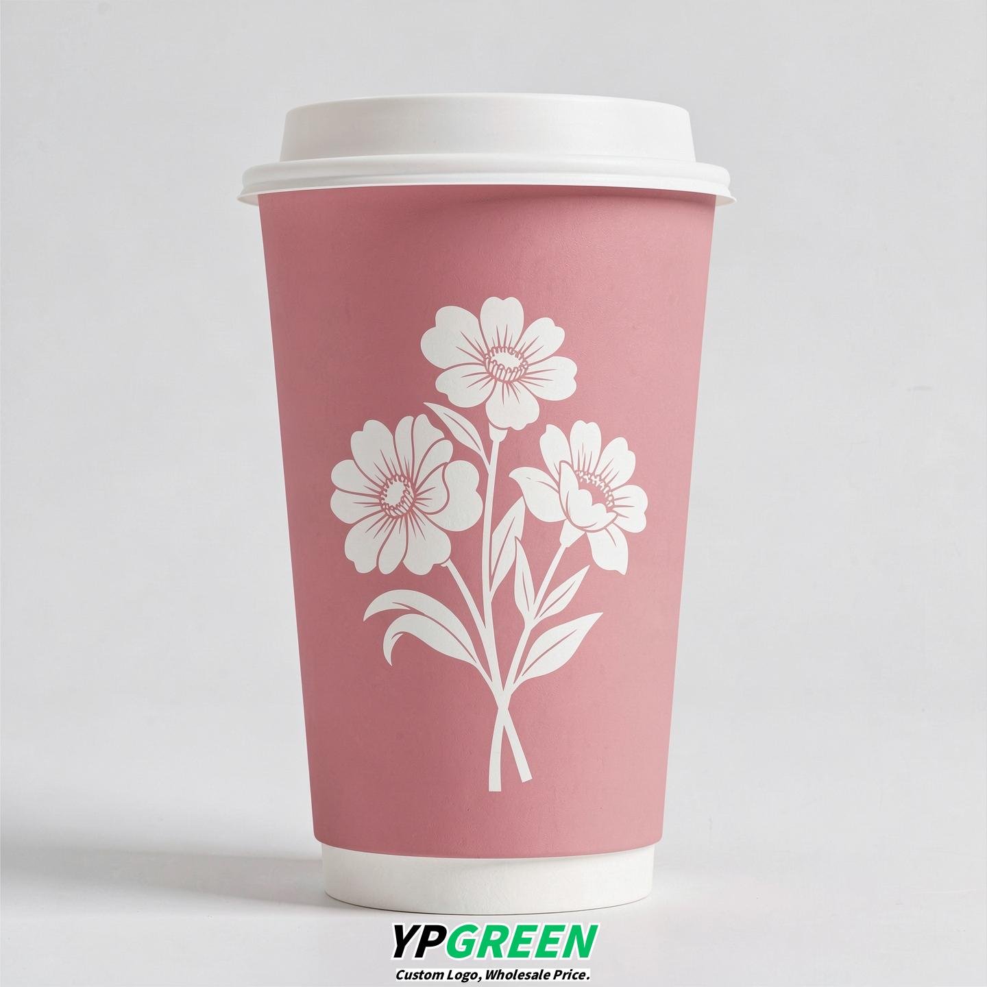 Rose Pink Floral Paper Cups with Lids 8-24oz