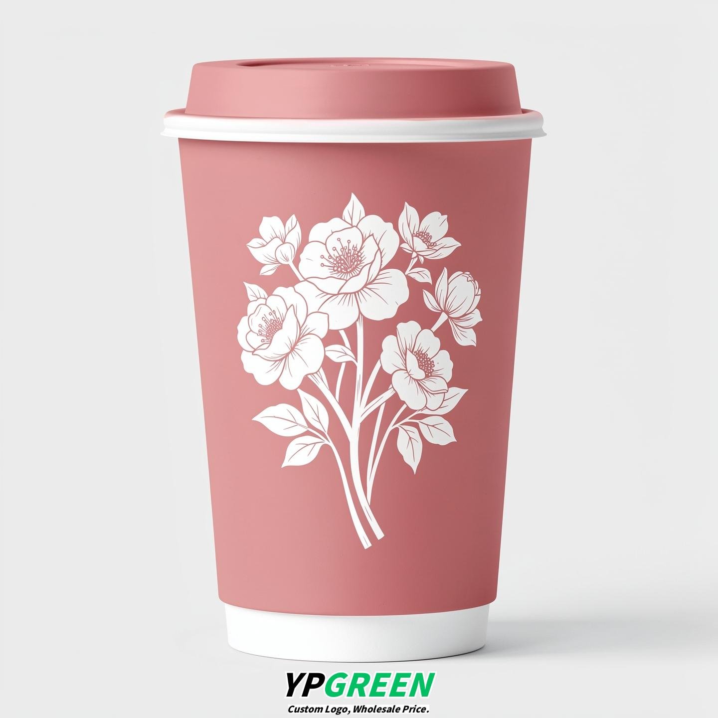 Rose Pink Floral Paper Cups with Lids 8-24oz