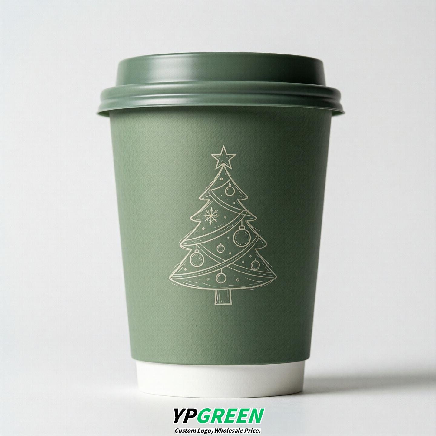 Sage Green Paper Cups with Christmas Design 8-24oz