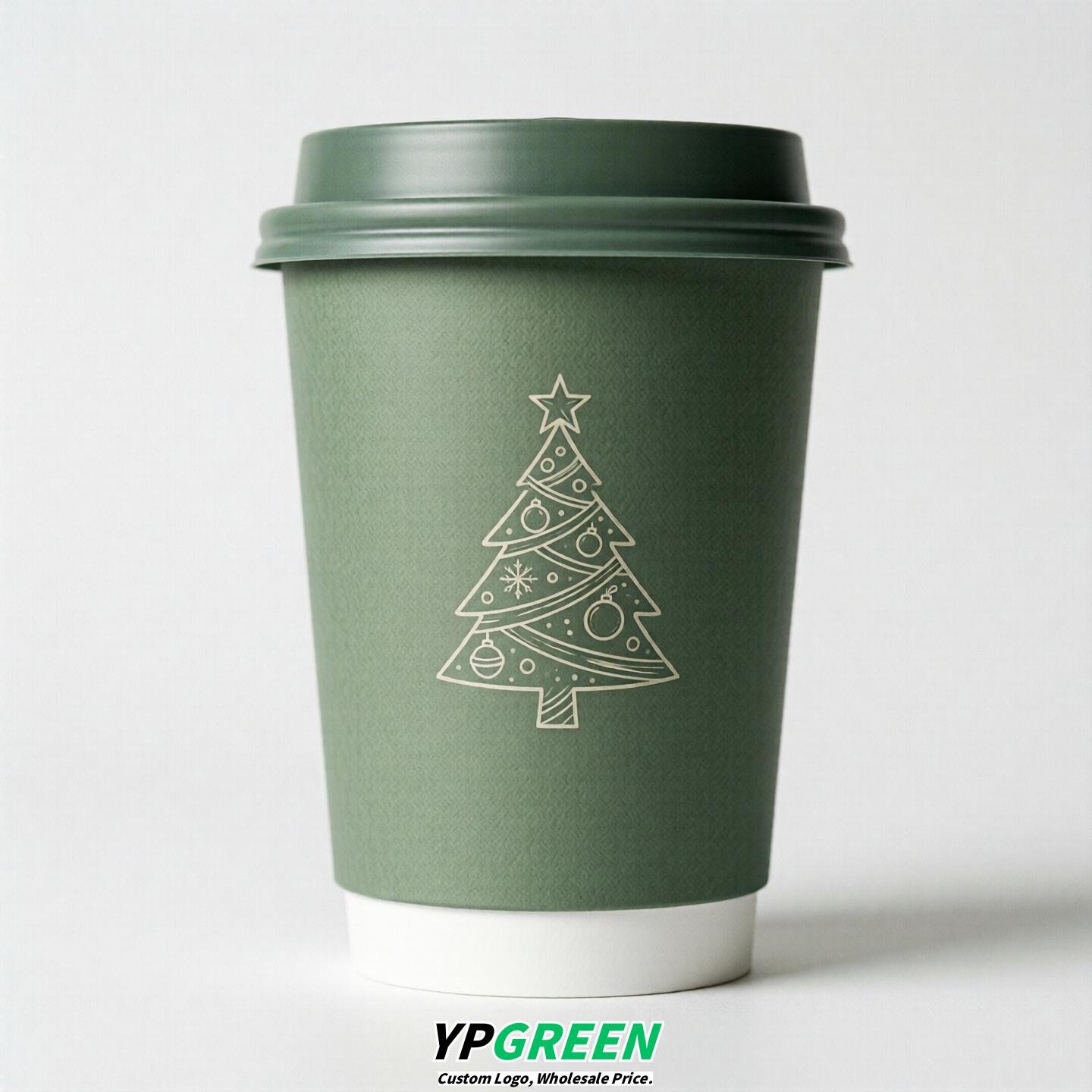 Sage Green Paper Cups with Christmas Design 8-24oz