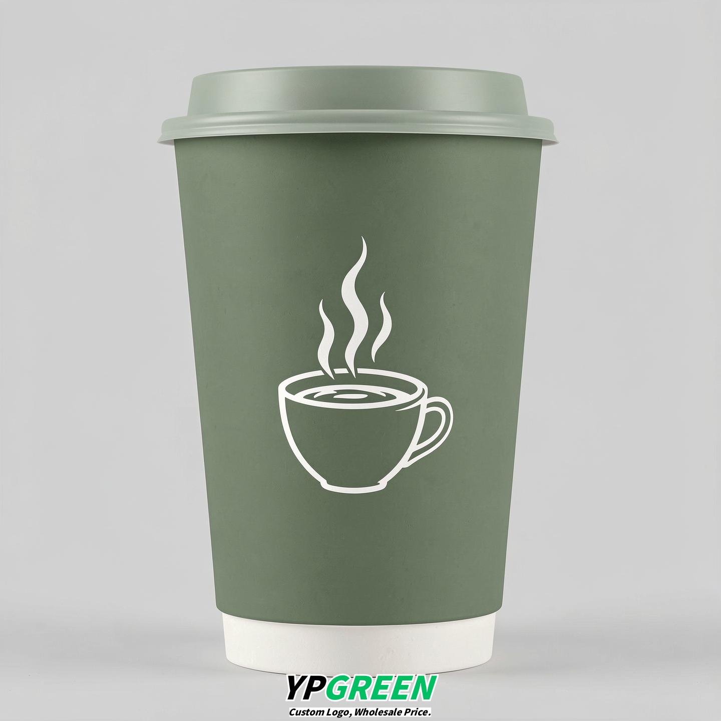 Sage Green Hot Coffee Icon Paper Cups - Disposable Steaming Coffee Design