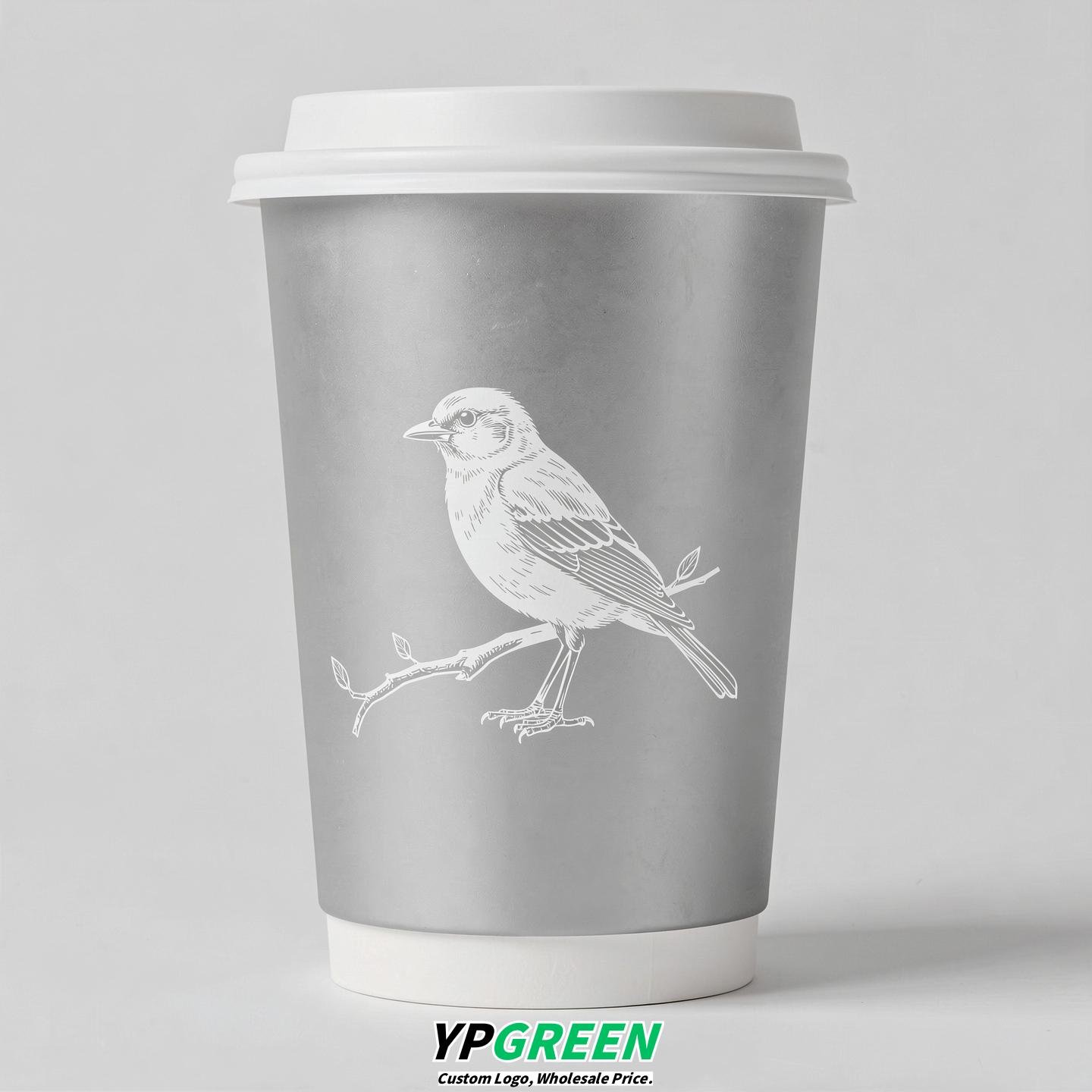 Silver Paper Cups with Bird Logo & Lids 8-24oz