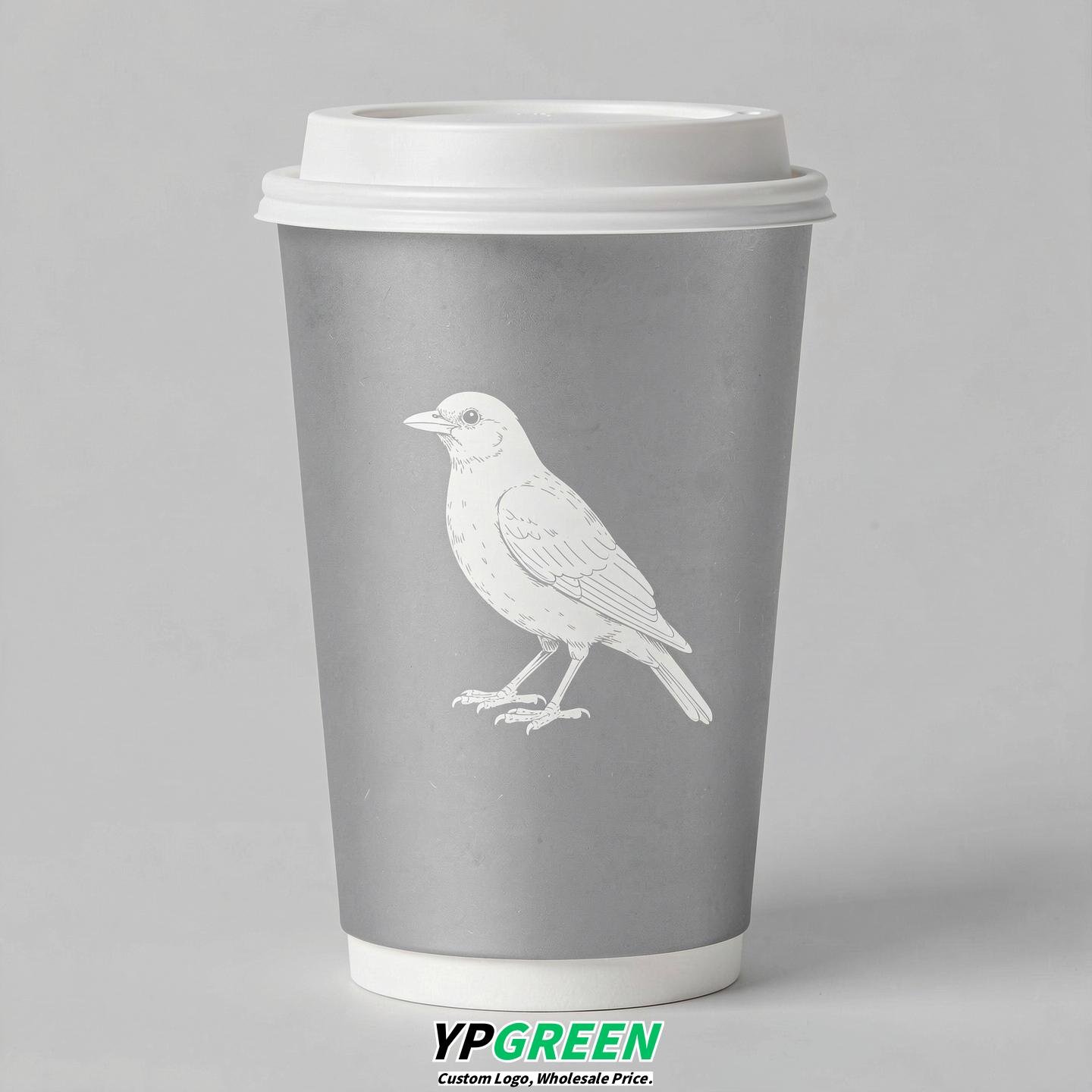 Silver Paper Cups with Bird Logo & Lids 8-24oz