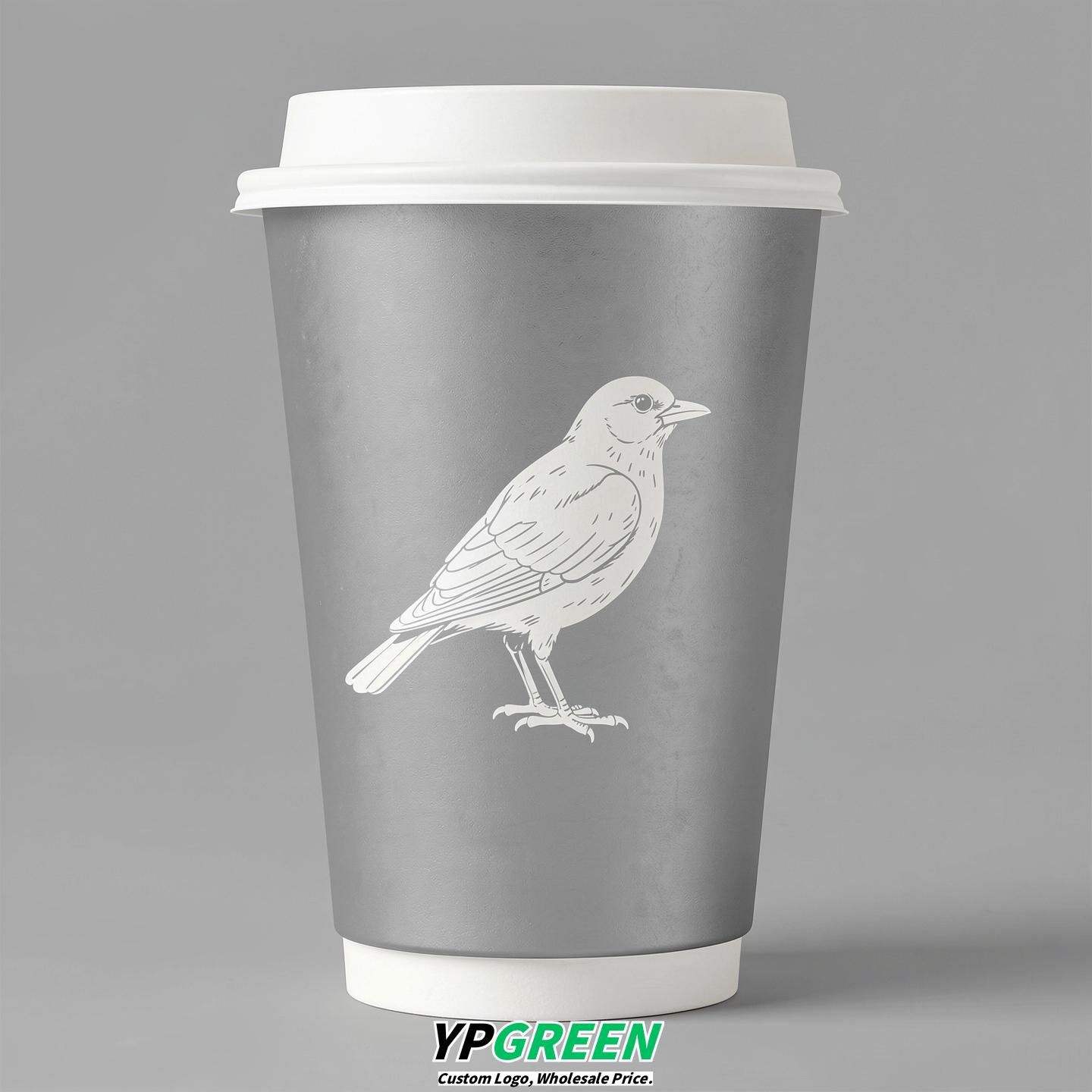 Silver Paper Cups with Bird Logo & Lids 8-24oz