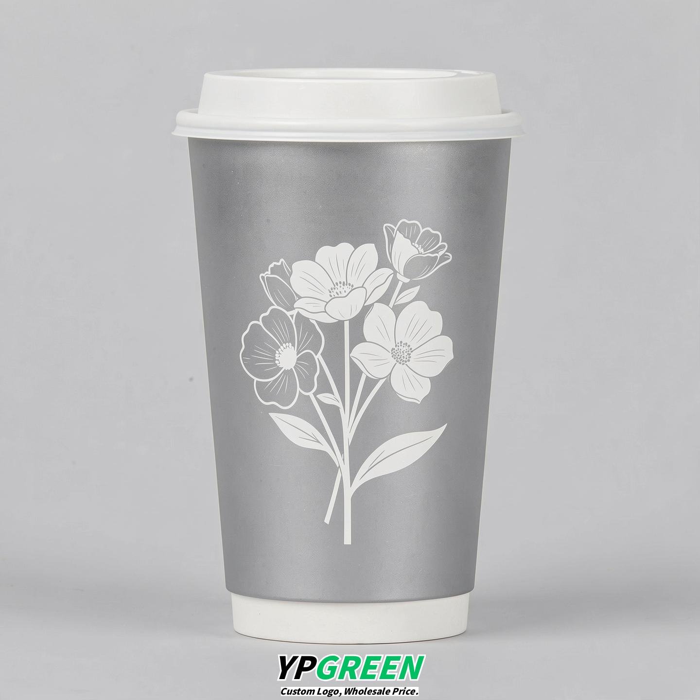 Silver Floral Paper Cups with Lids 8-24oz