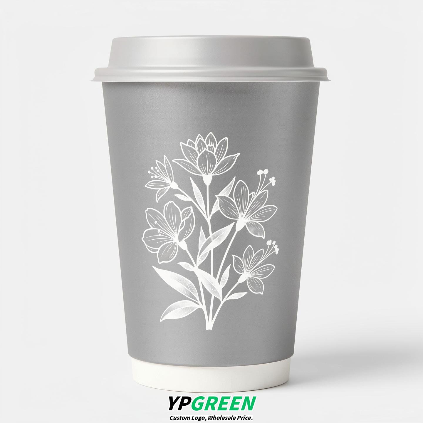 Silver Floral Paper Cups with Lids 8-24oz