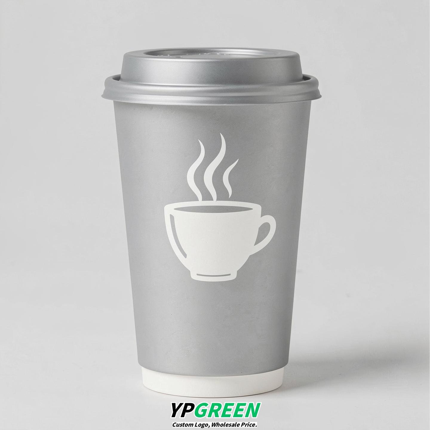 Silver Hot Coffee Icon Paper Cups - Disposable Steaming Coffee Design