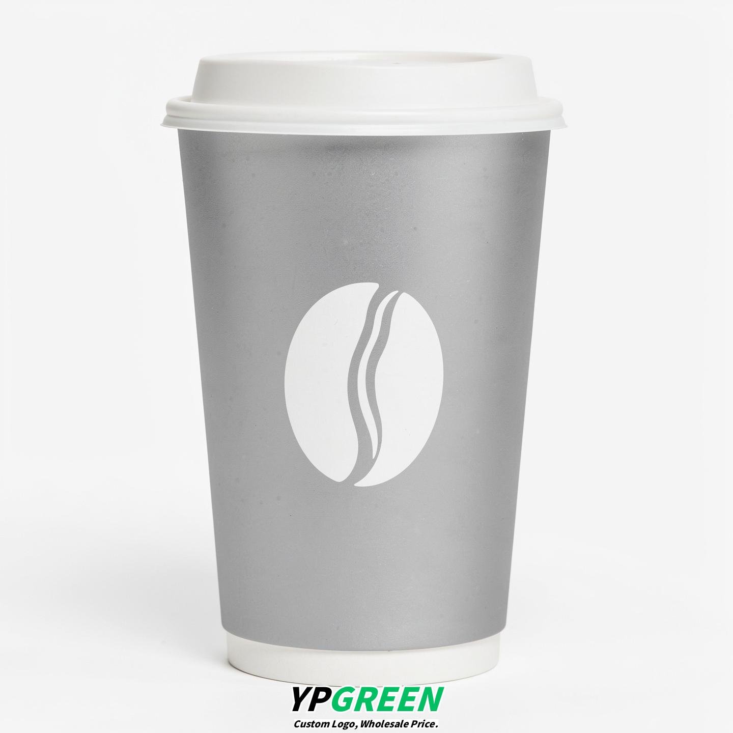 Silver Paper Cups with Coffee Bean Logo & Lids 8-24oz
