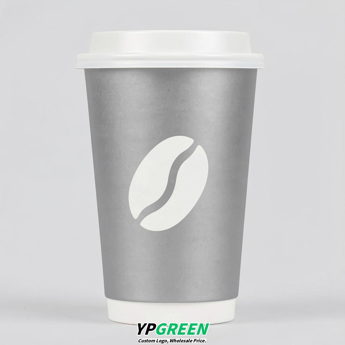 Silver Paper Cups with Coffee Bean Logo & Lids 8-24oz
