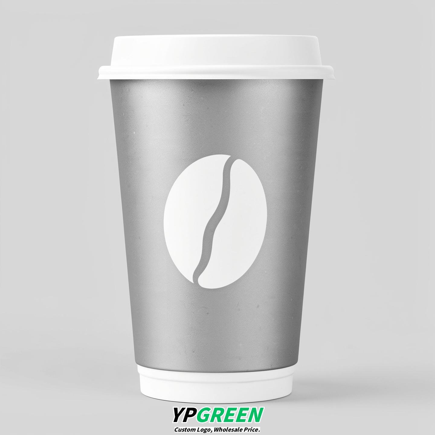 Silver Paper Cups with Coffee Bean Logo & Lids 8-24oz