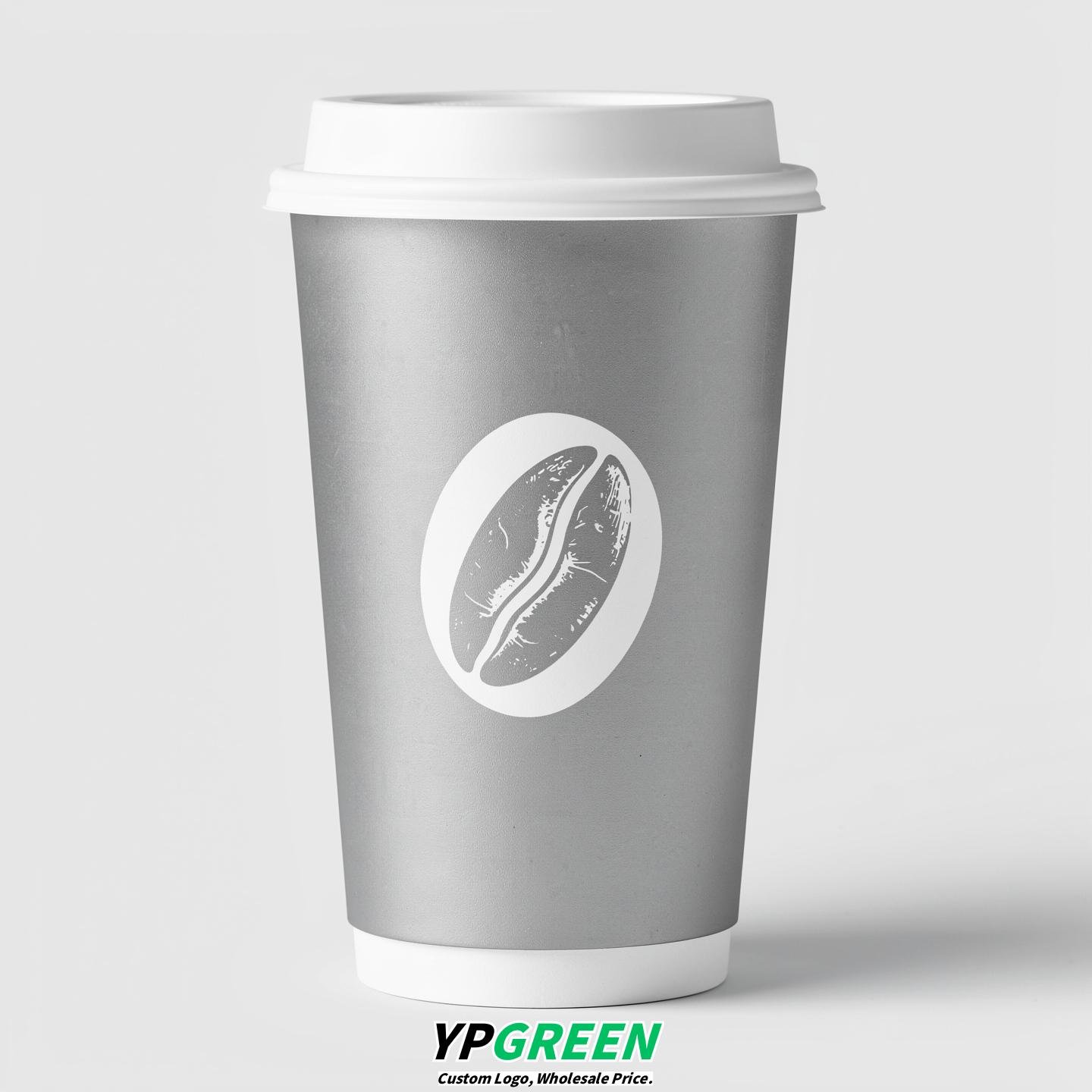 Silver Paper Cups with Coffee Bean Logo & Lids 8-24oz