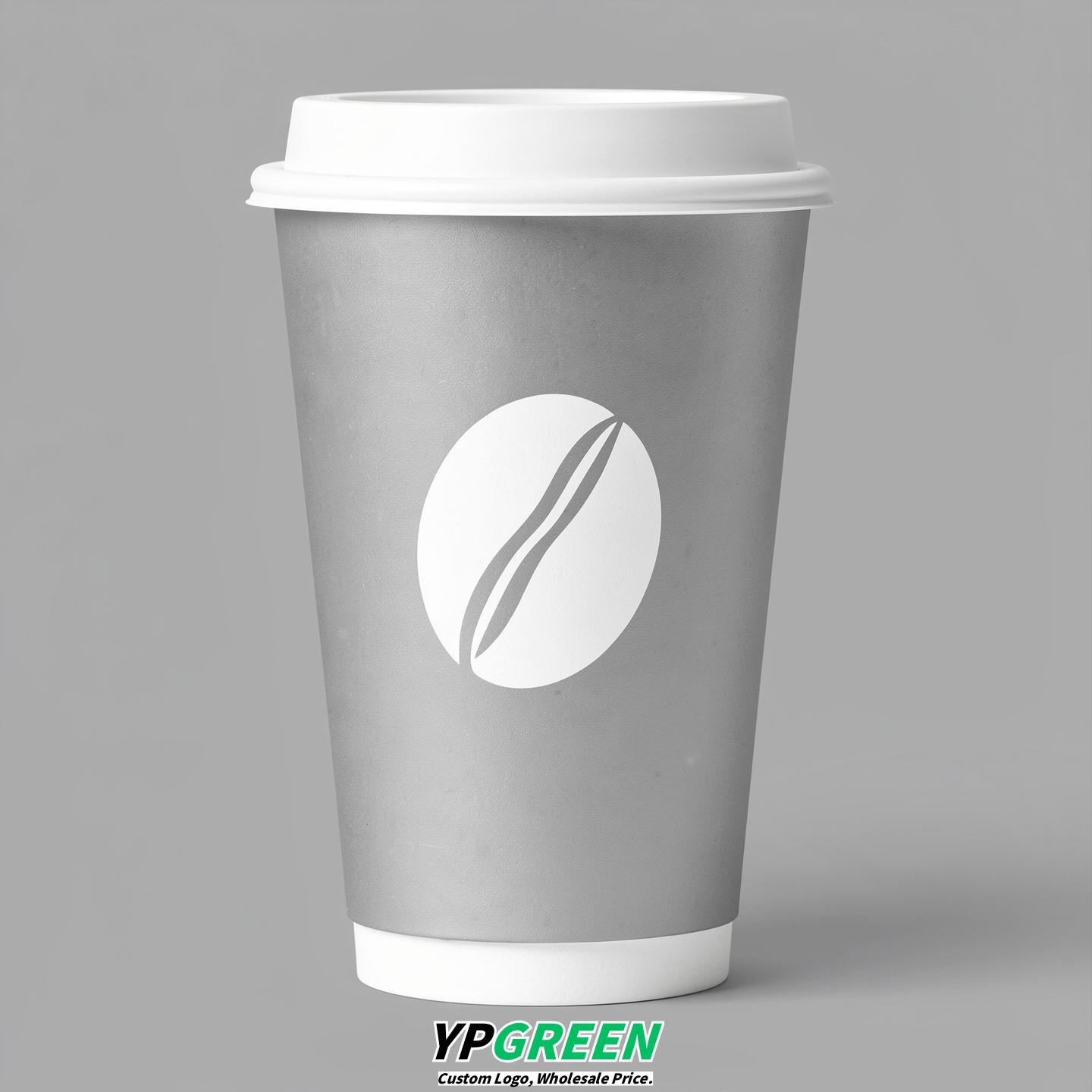 Silver Paper Cups with Coffee Bean Logo & Lids 8-24oz