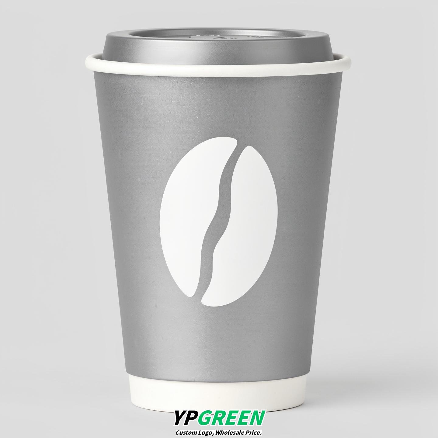 Silver Paper Cups with Coffee Bean Logo & Lids 8-24oz