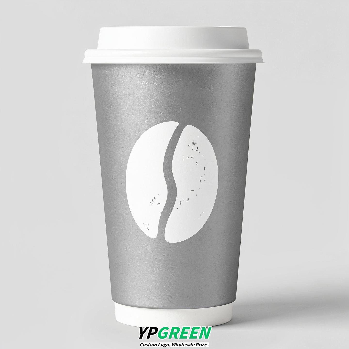 Silver Paper Cups with Coffee Bean Logo & Lids 8-24oz