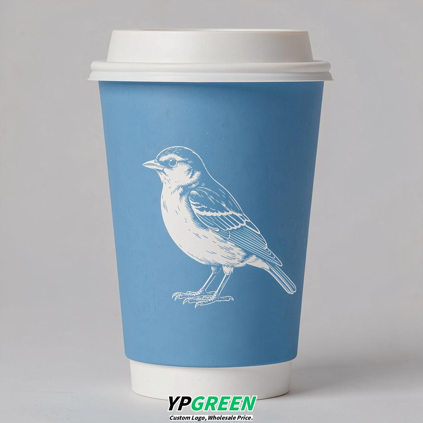 Sky Blue Paper Cups with Bird Logo & Lids 8-24oz