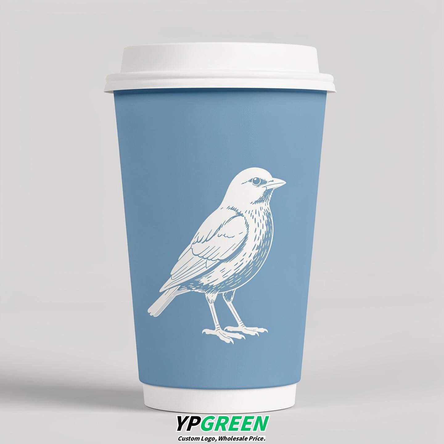 Sky Blue Paper Cups with Bird Logo & Lids 8-24oz