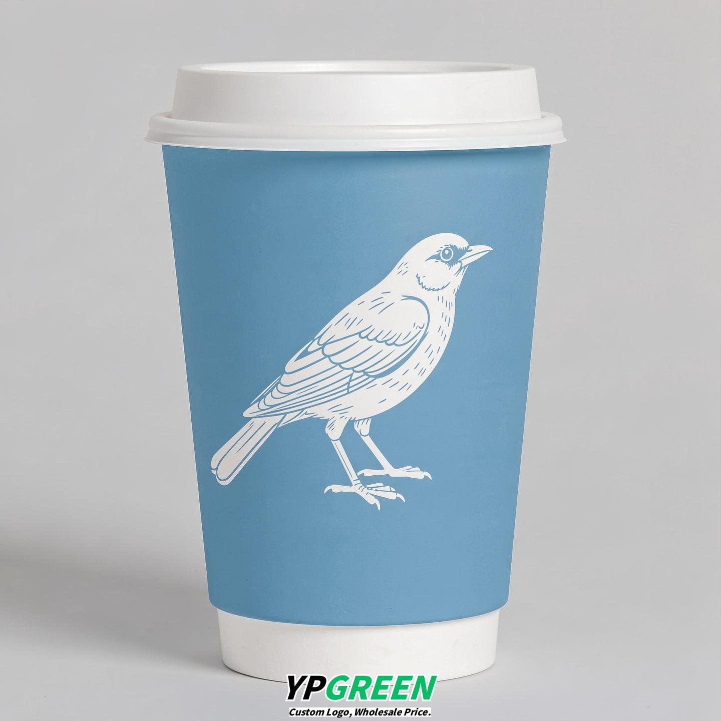 Sky Blue Paper Cups with Bird Logo & Lids 8-24oz