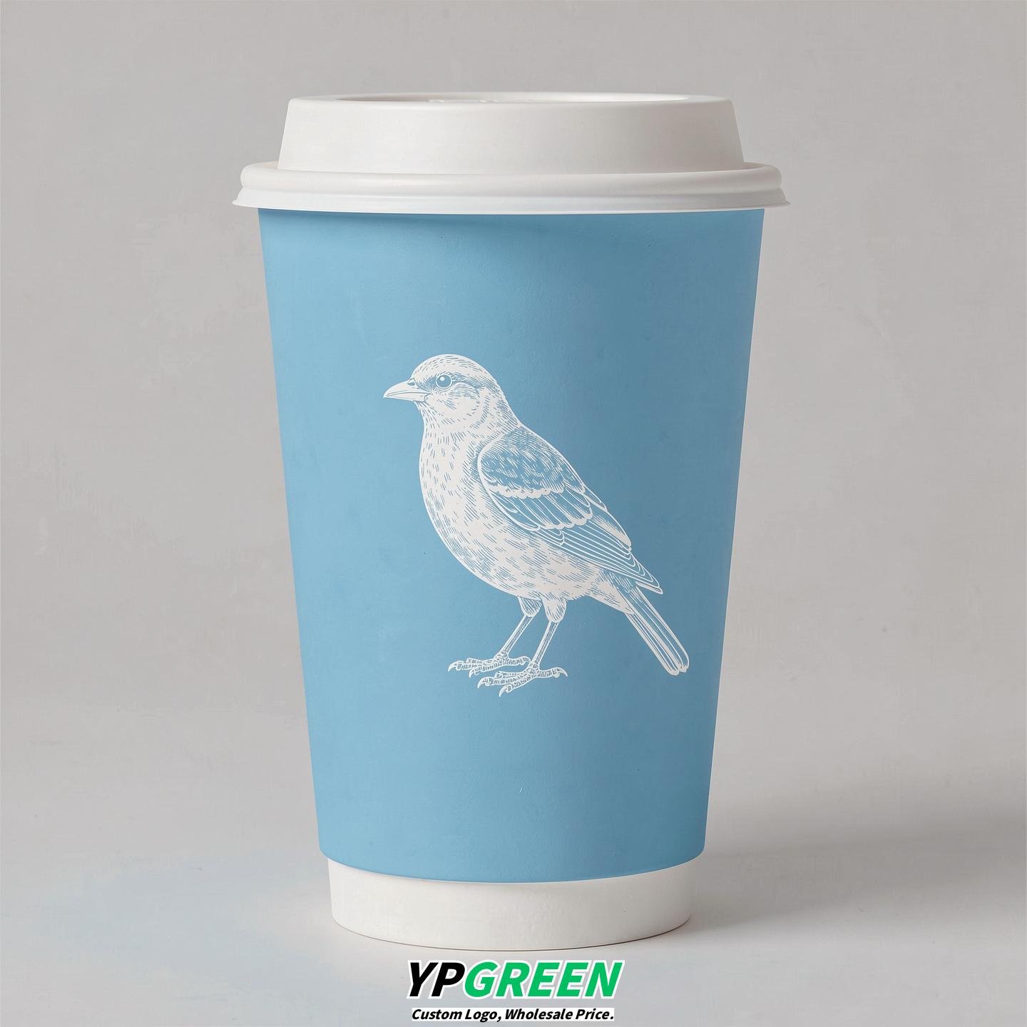 Sky Blue Paper Cups with Bird Logo & Lids 8-24oz