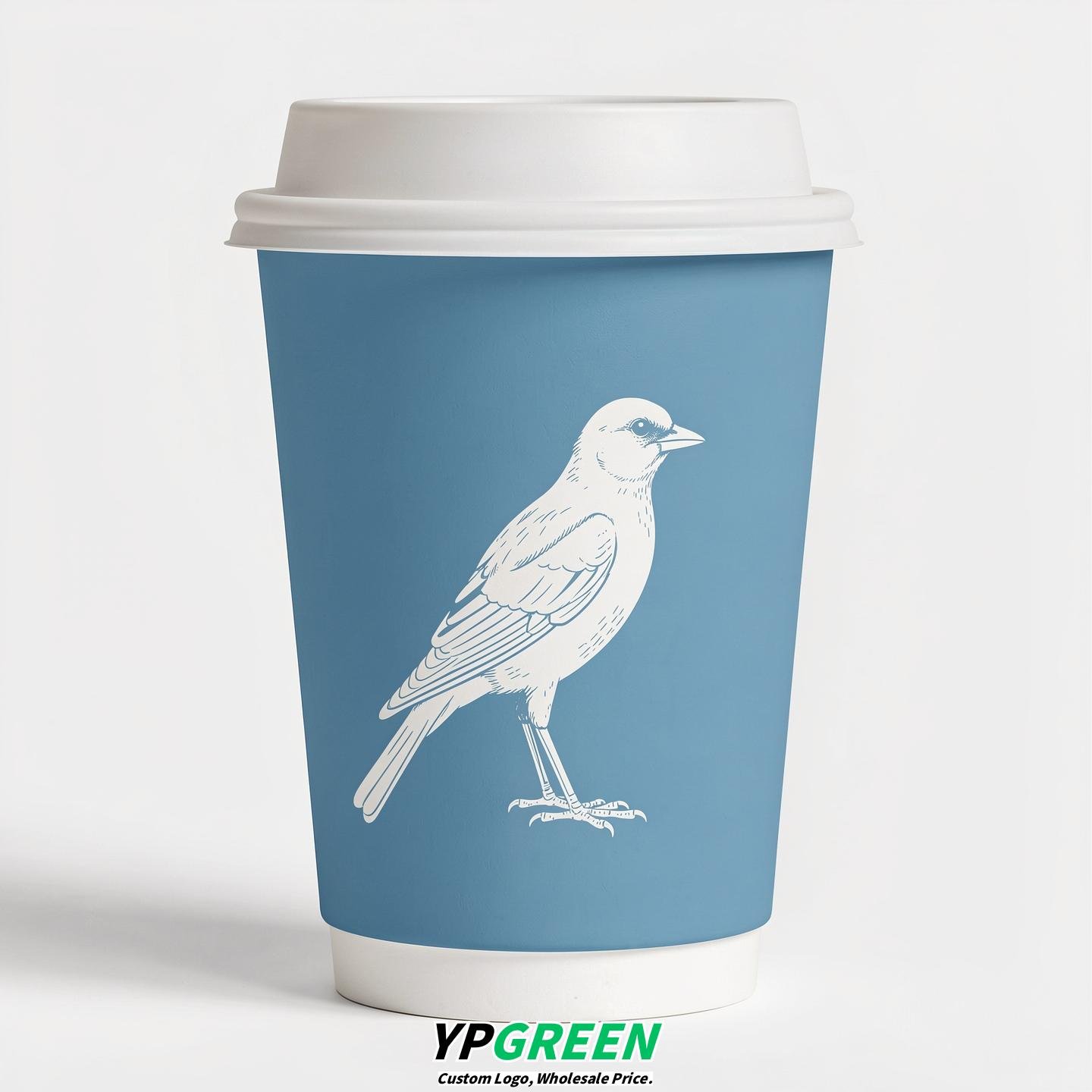 Sky Blue Paper Cups with Bird Logo & Lids 8-24oz