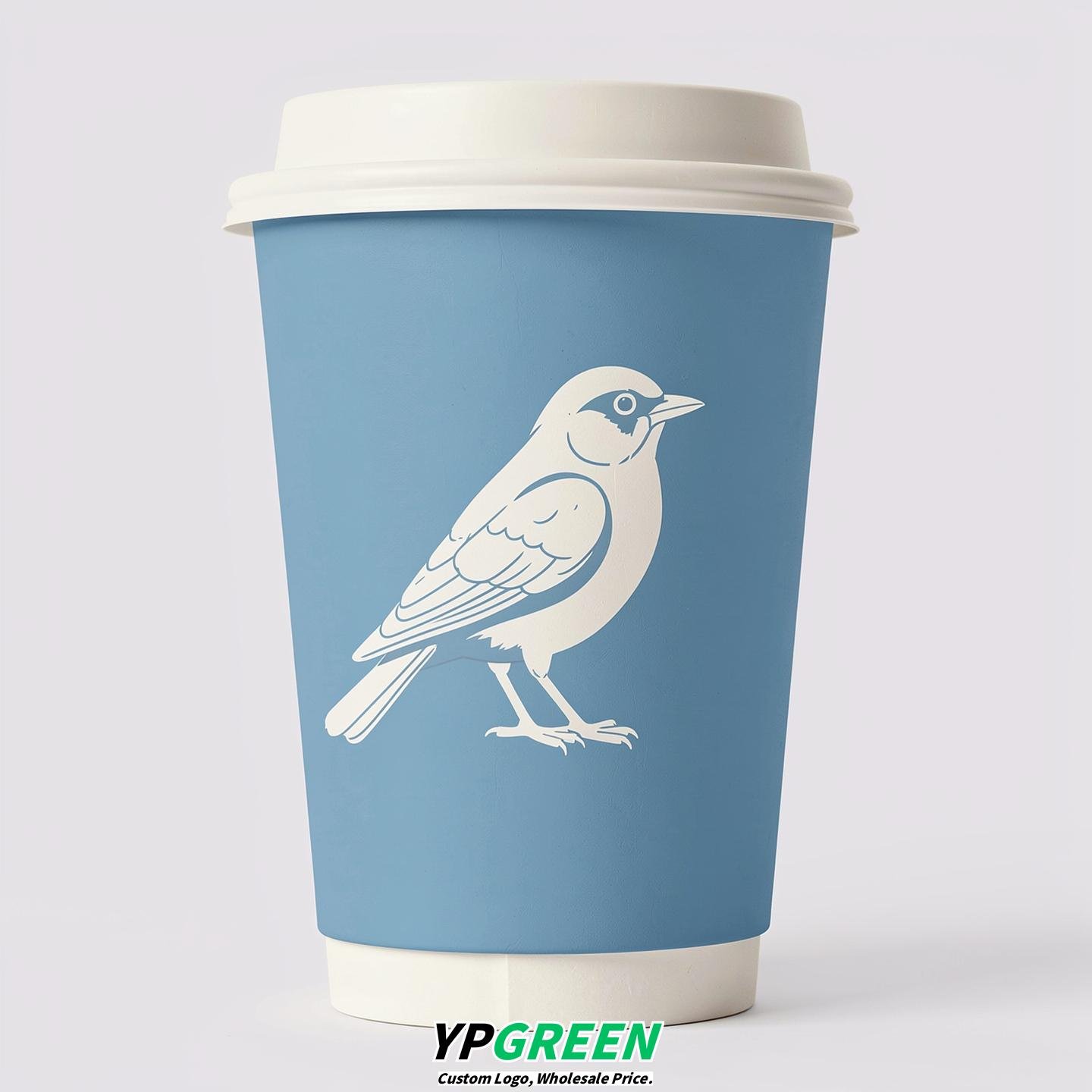 Sky Blue Paper Cups with Bird Logo & Lids 8-24oz