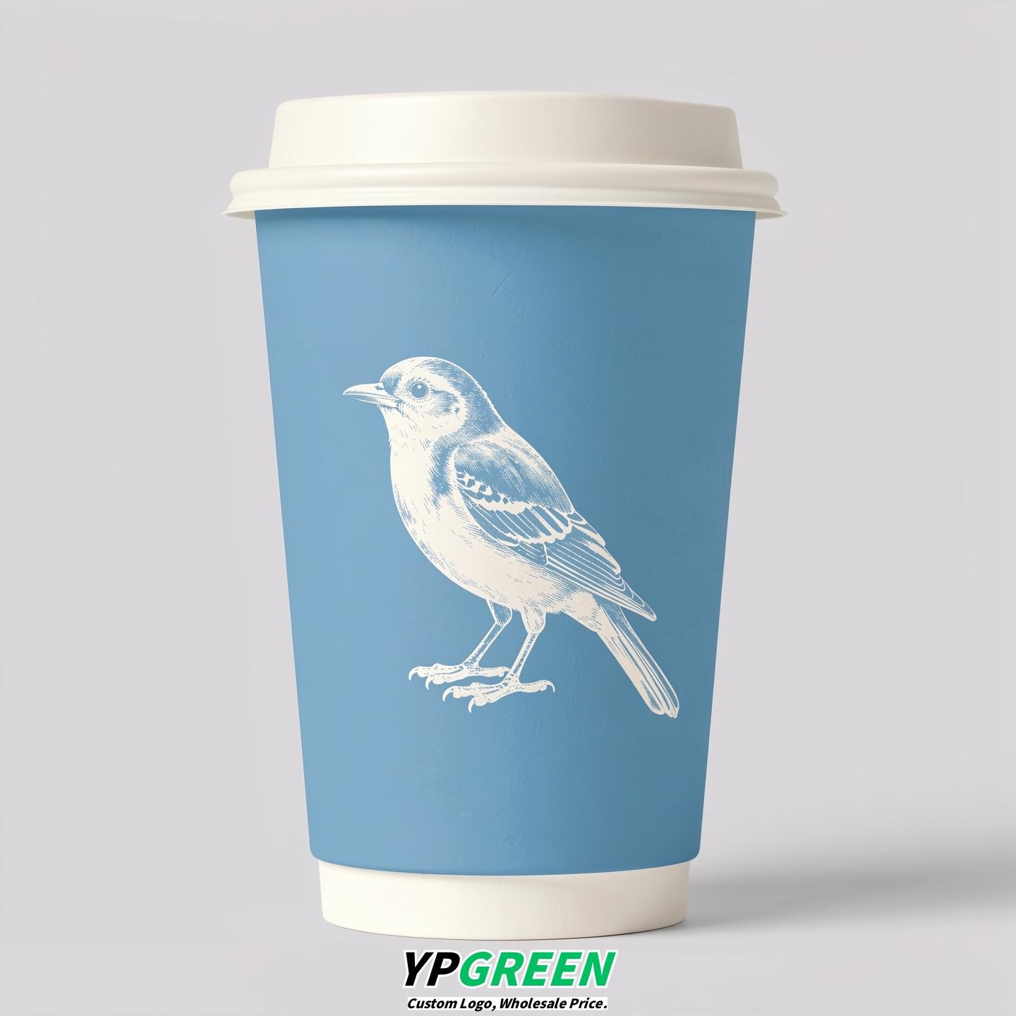 Sky Blue Paper Cups with Bird Logo & Lids 8-24oz