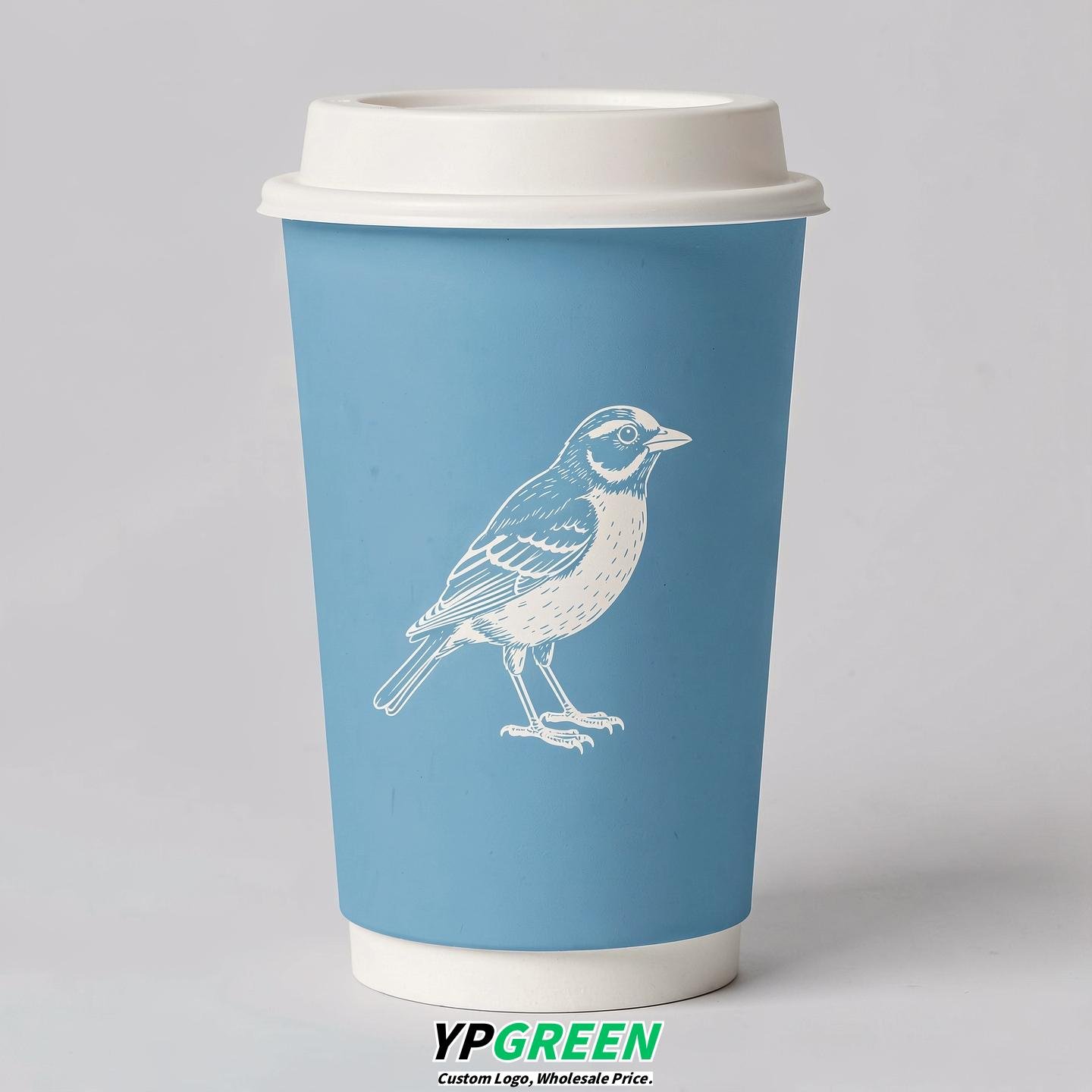 Sky Blue Paper Cups with Bird Logo & Lids 8-24oz