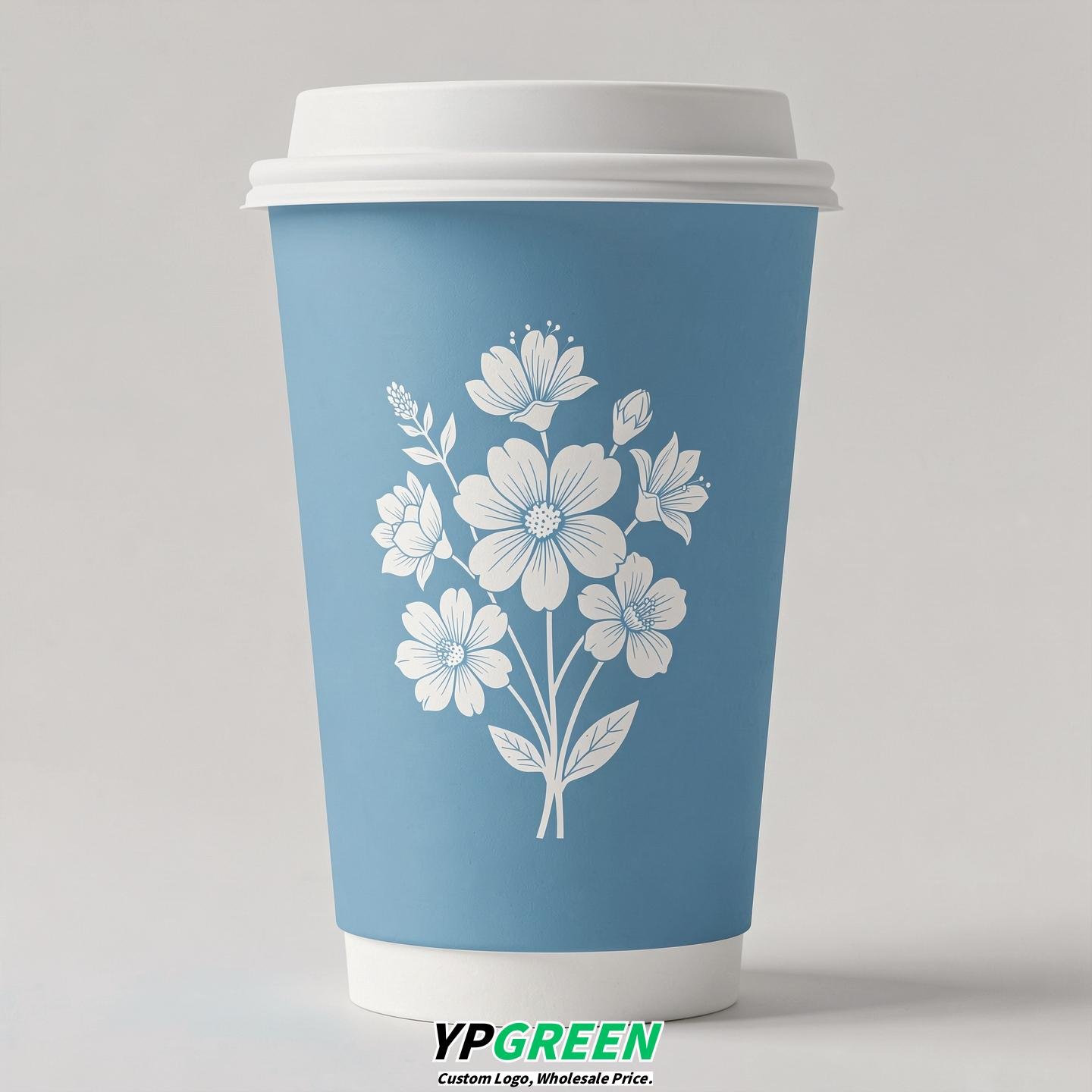 Sky Blue Floral Paper Cups with Lids 8-24oz