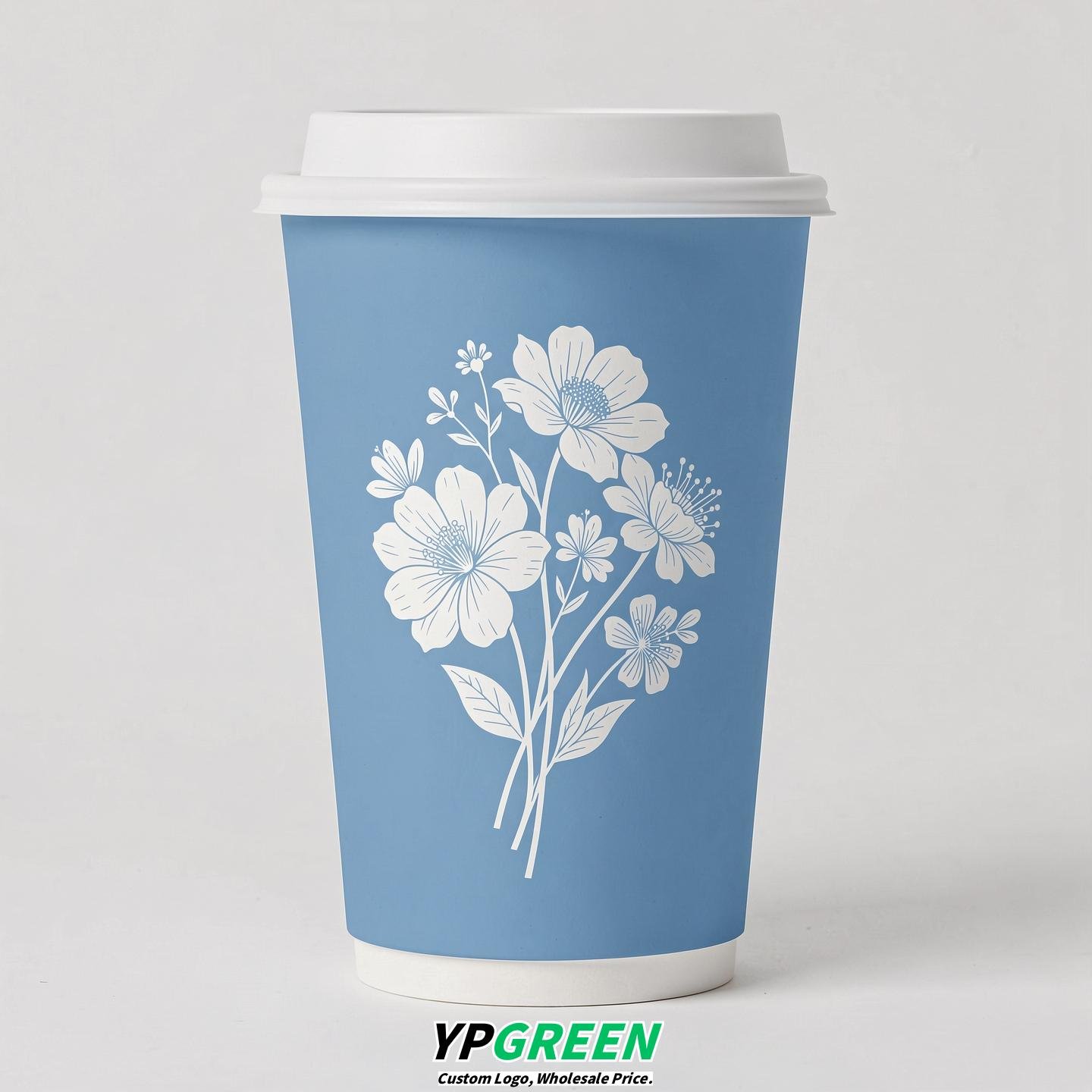 Sky Blue Floral Paper Cups with Lids 8-24oz