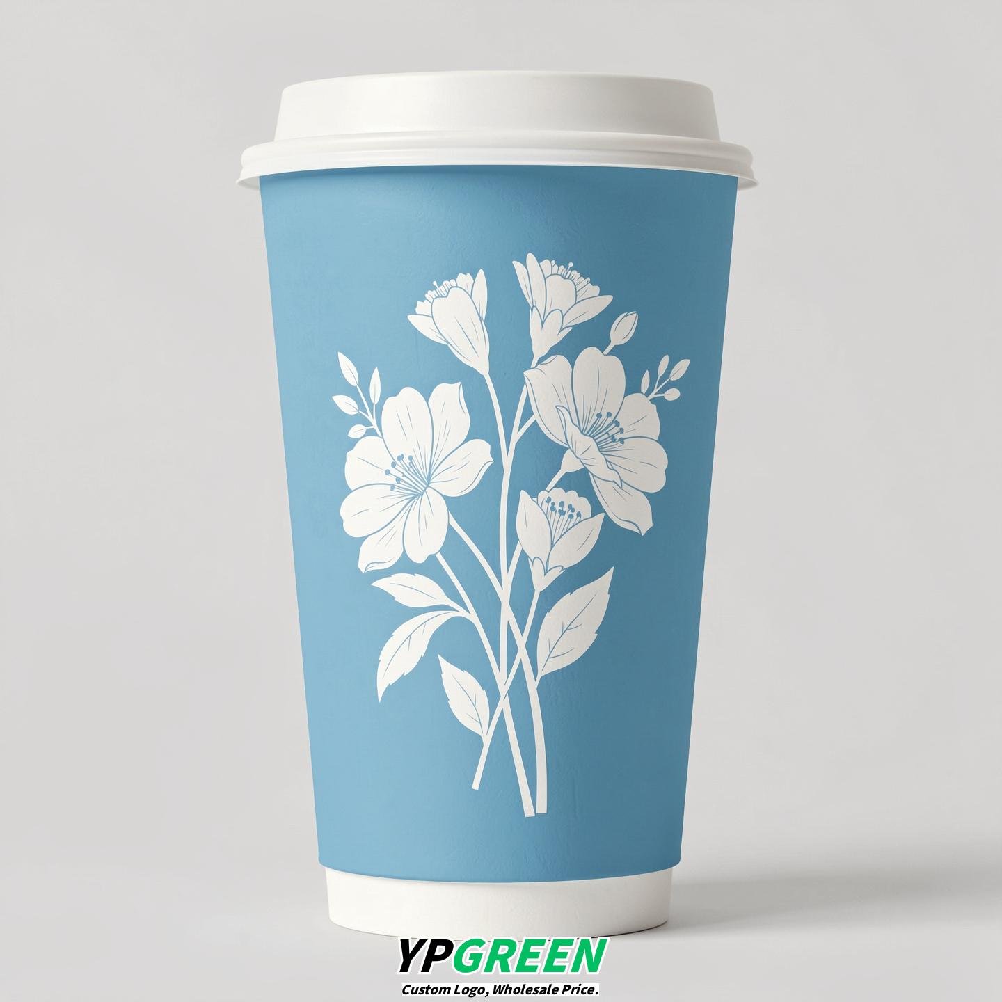Sky Blue Floral Paper Cups with Lids 8-24oz