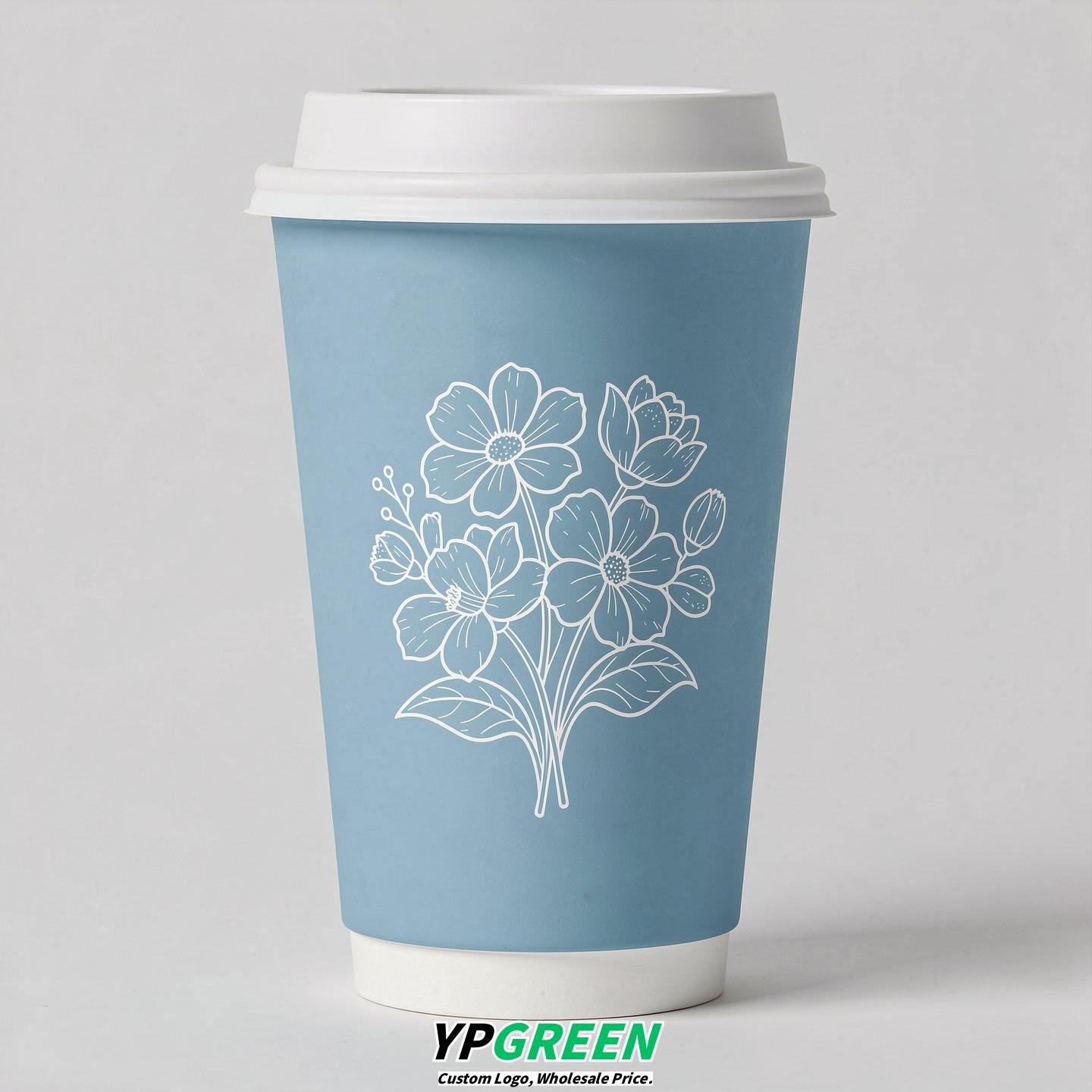 Sky Blue Floral Paper Cups with Lids 8-24oz Sky Blue Floral Paper Cups with Lids 8-24oz