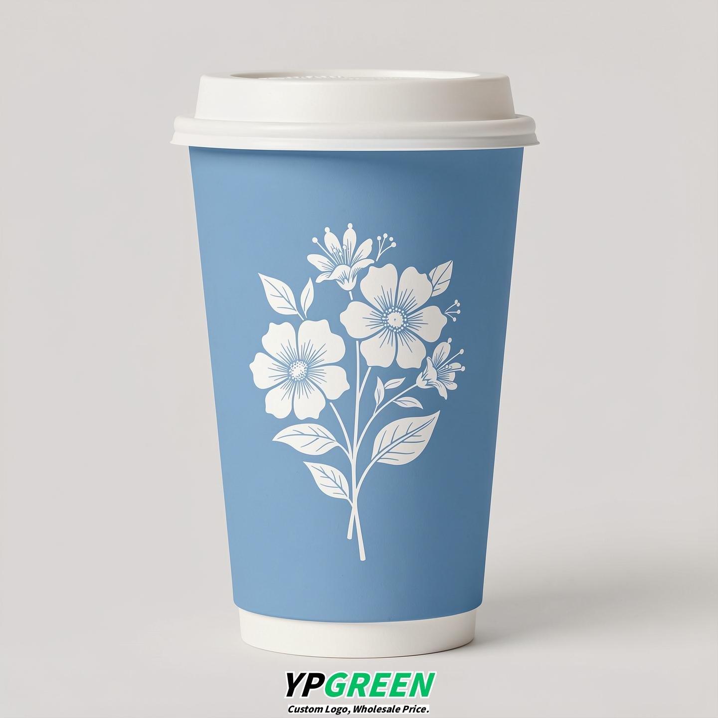 Sky Blue Floral Paper Cups with Lids 8-24oz