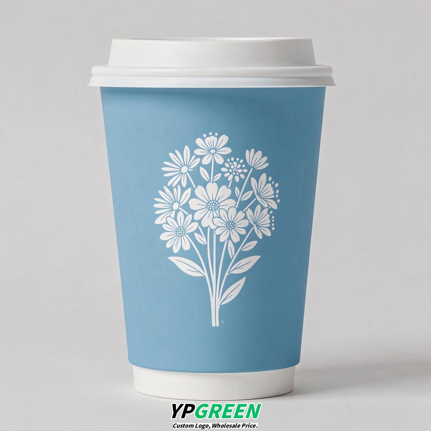 Sky Blue Floral Paper Cups with Lids 8-24oz