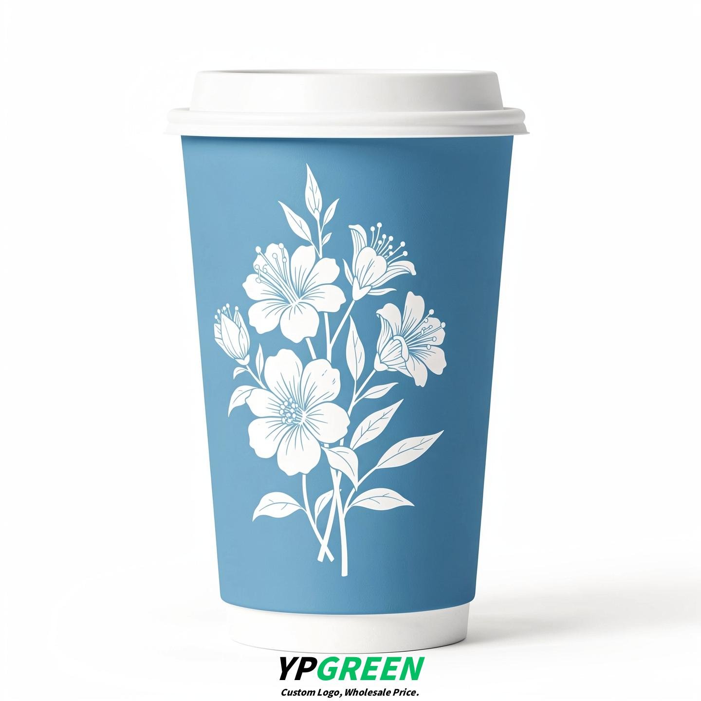Sky Blue Floral Paper Cups with Lids 8-24oz
