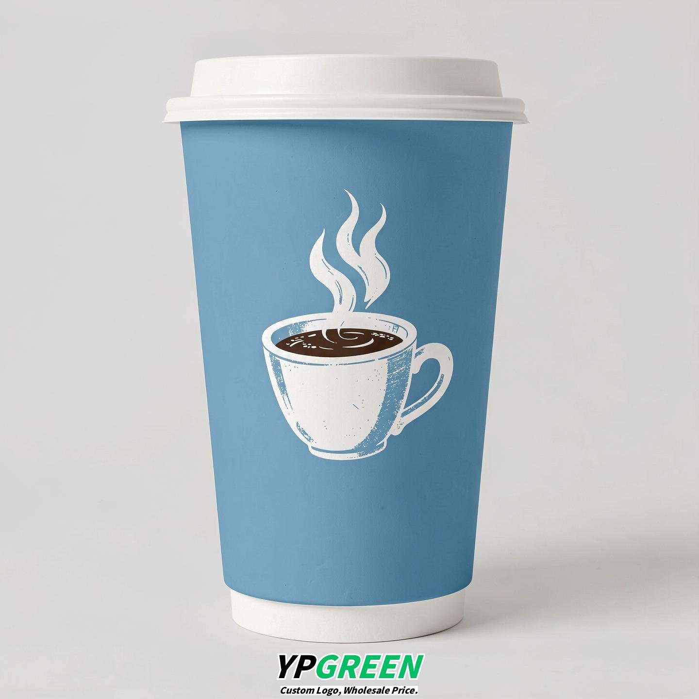 Sky Blue Hot Coffee Icon Paper Cups - Disposable Steaming Coffee Design