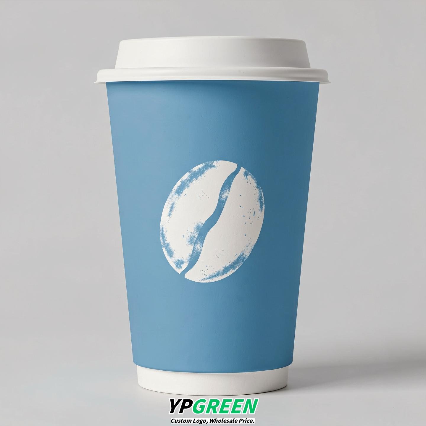 Sky Blue Paper Cups with Coffee Bean Logo & Lids 8-24oz